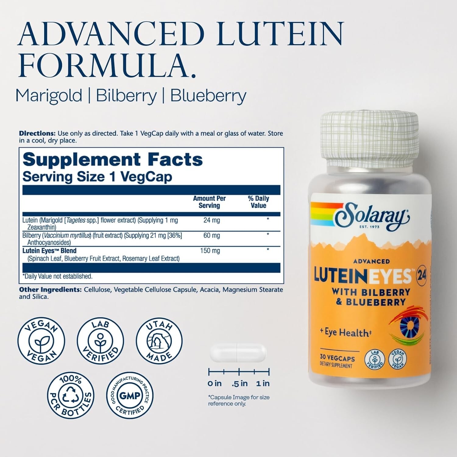 Solaray Lutein Eyes Advanced 24 mg 30 VegCaps Free Shipping