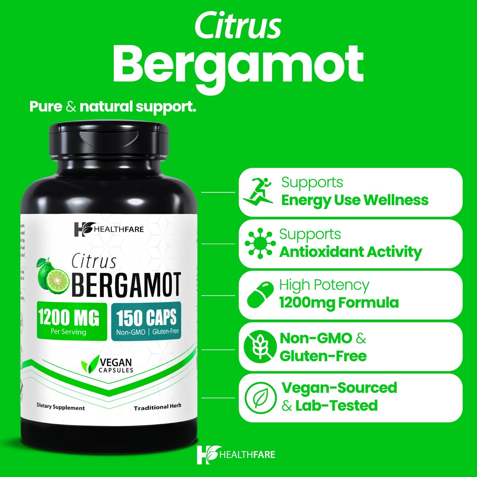 HealthFare Citrus Bergamot 1200mg, 150 Caps Bergamia Extract – Vegan, Non-GMO