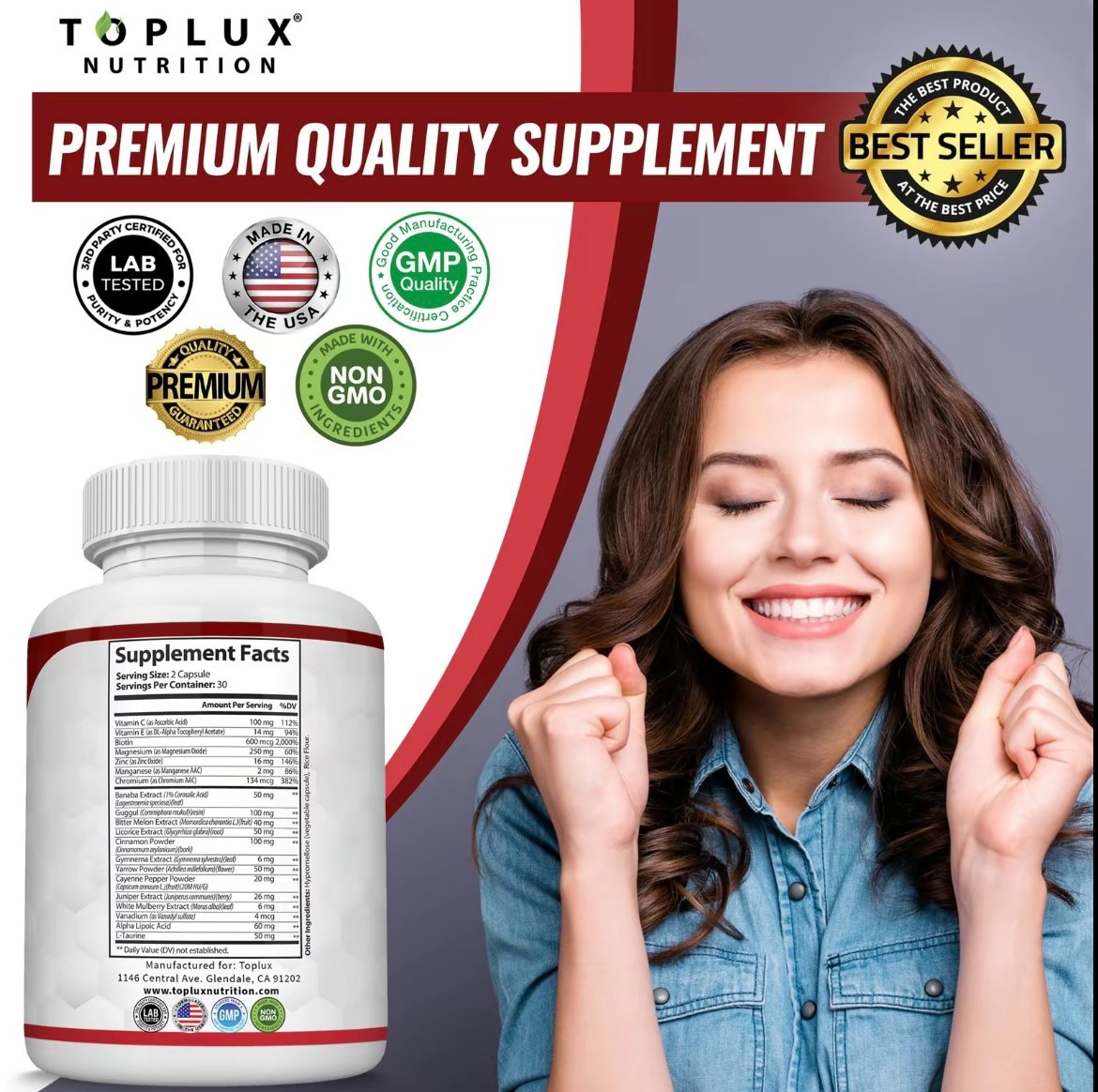 Toplux Blood Sugar Complex Capsules 20 Vitamins Minerals Vegan Non-GMOMetabolism