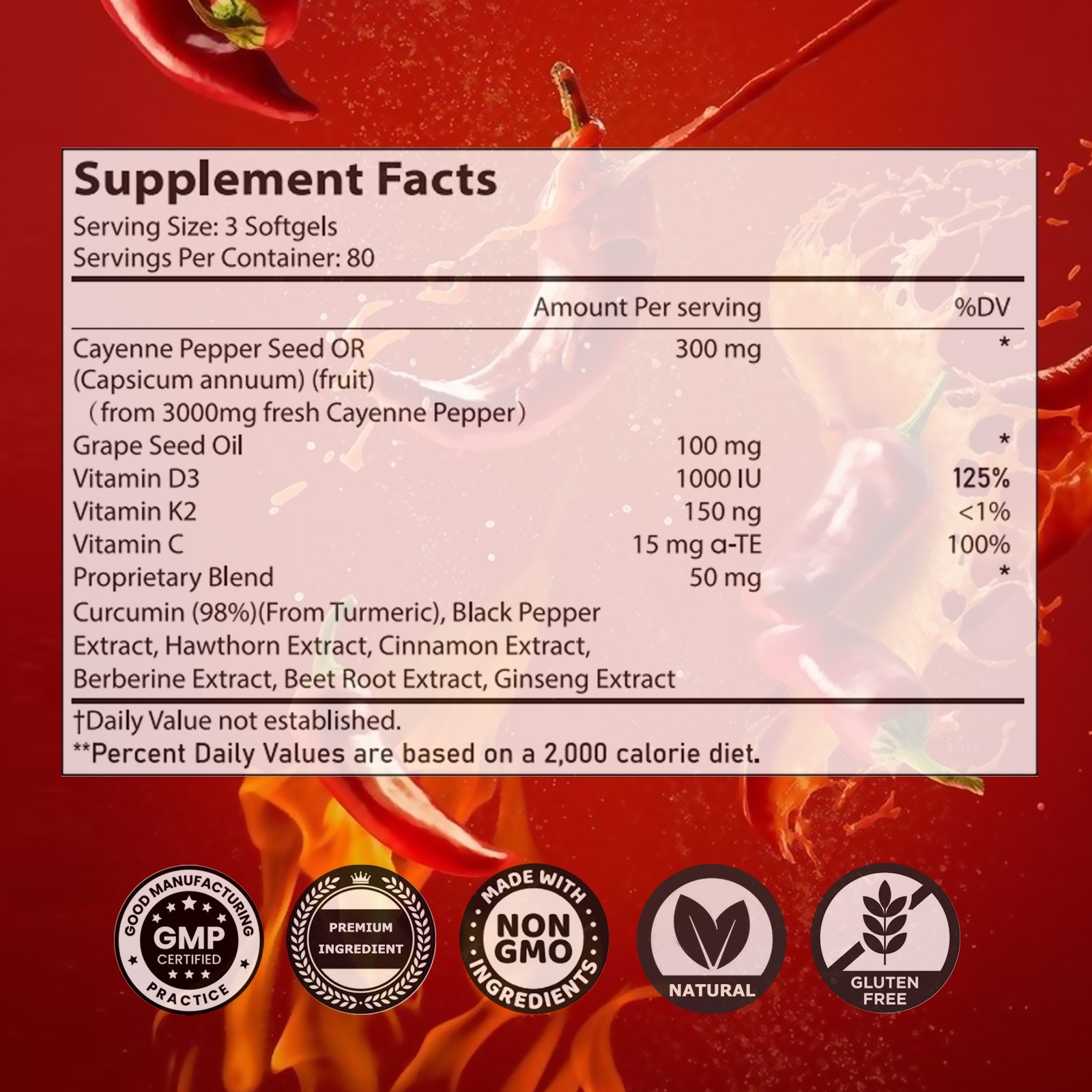 Chili Pepper Softgel Vein Heart Vascular Support Vitamins C D3 K2 Grape Seed