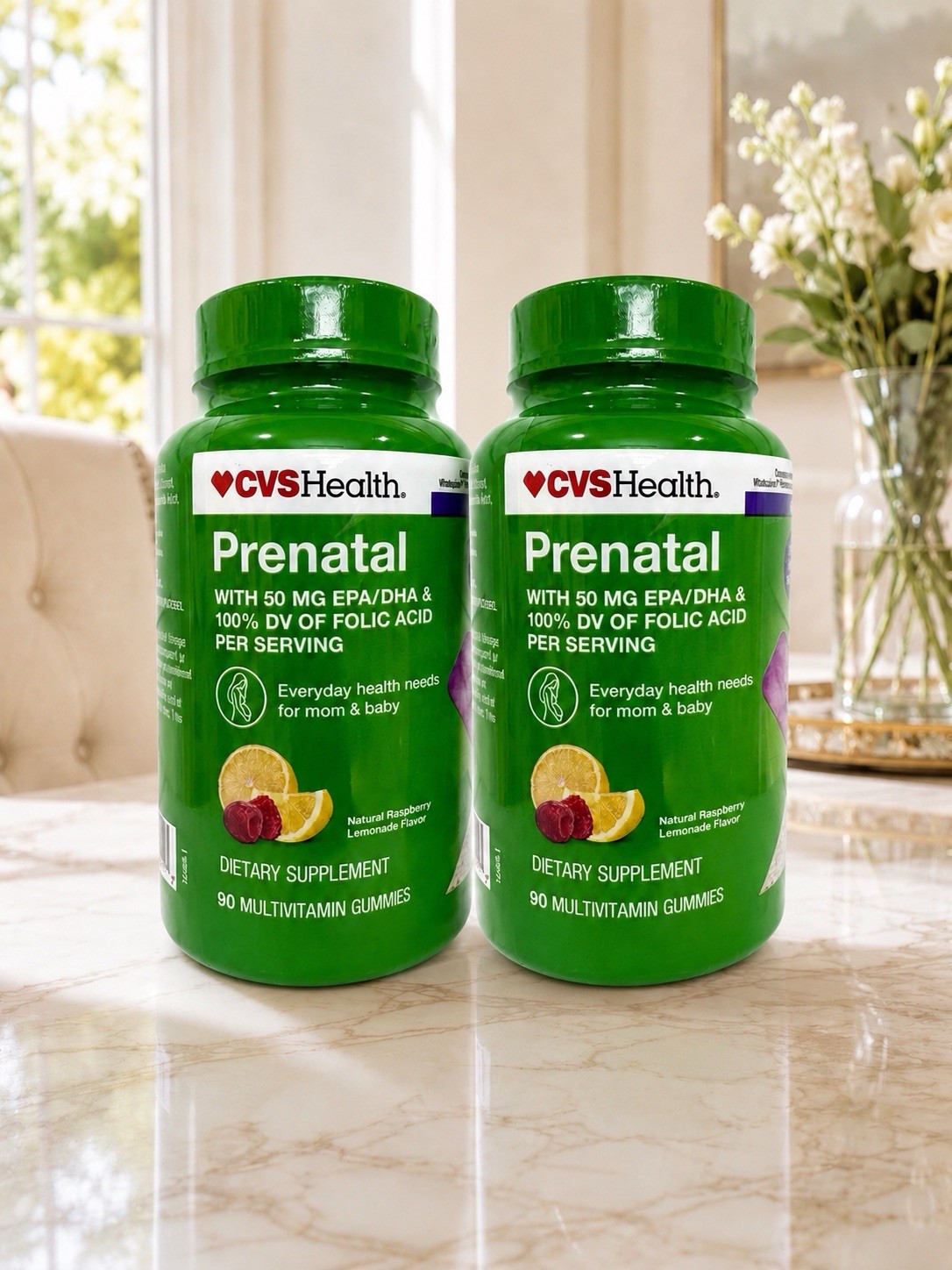 Prenatal Gummies 90ct x2 DHA Folic Acid Raspberry Lemonade EXP 08/27 Cvs Health