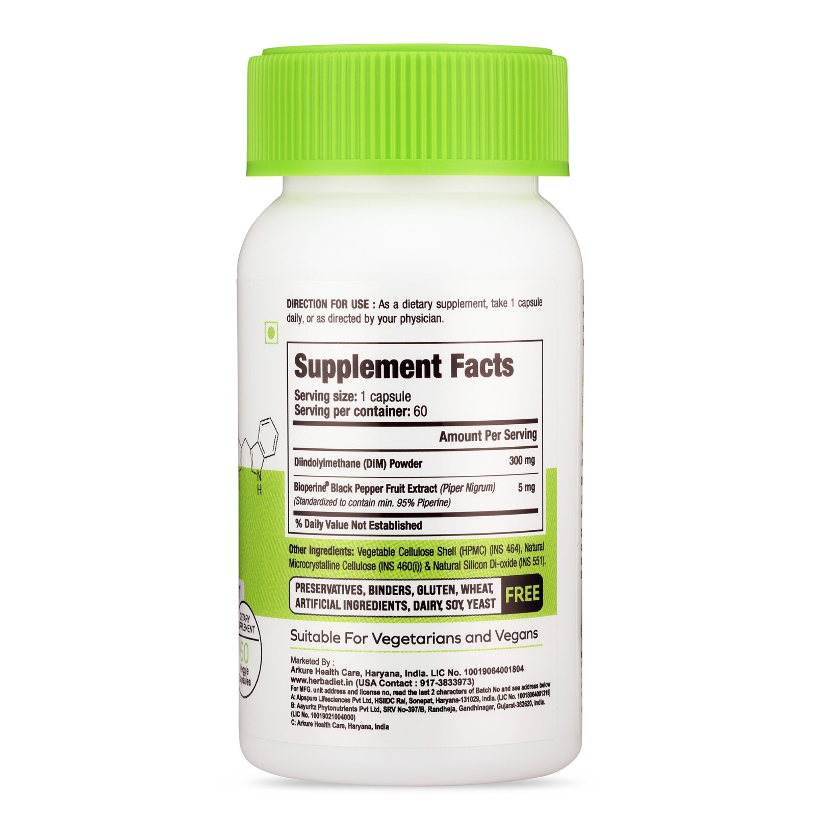 DIM Supplement Capsules Diindolylmethane 300mg with Bioperine Vegan