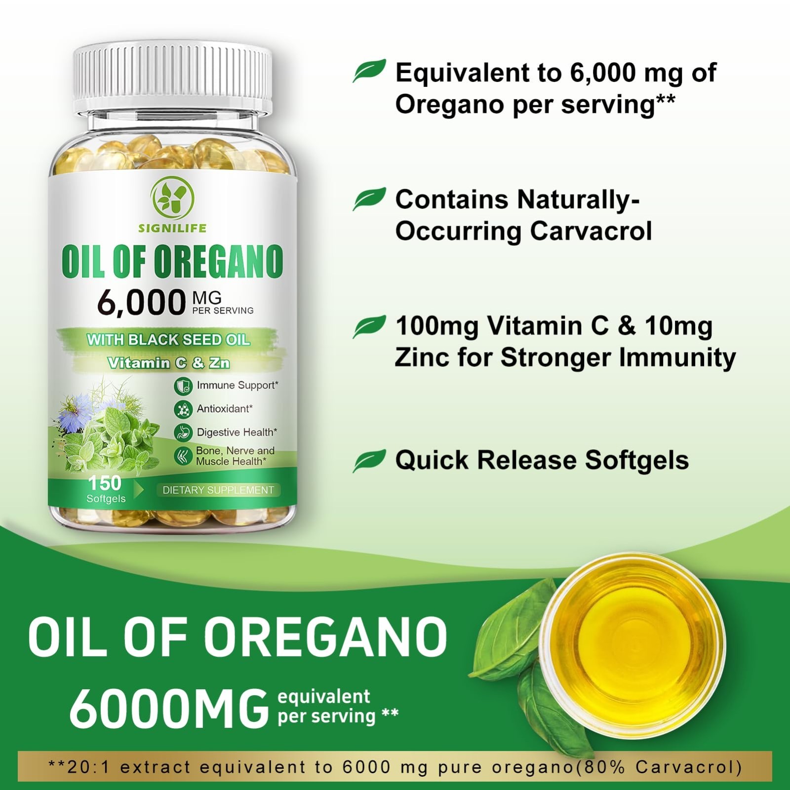 Oregano Oil & Black Seed Oil 6000mg, 150 Softgels | Immune Support, Antioxidant,