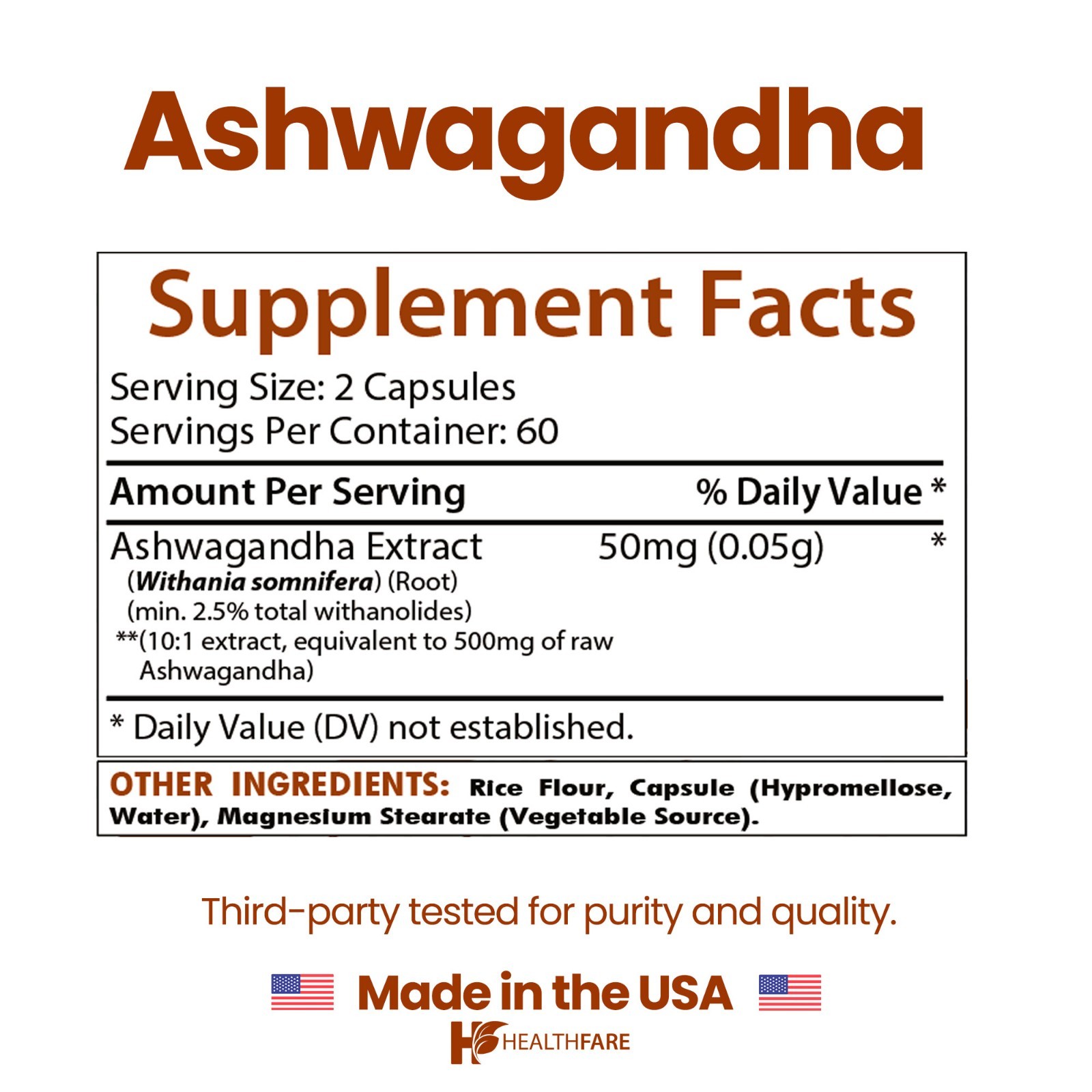 HealthFare Ashwagandha Root Herbal Supplement 500mg 120 Vegan Capsules – Non-GMO