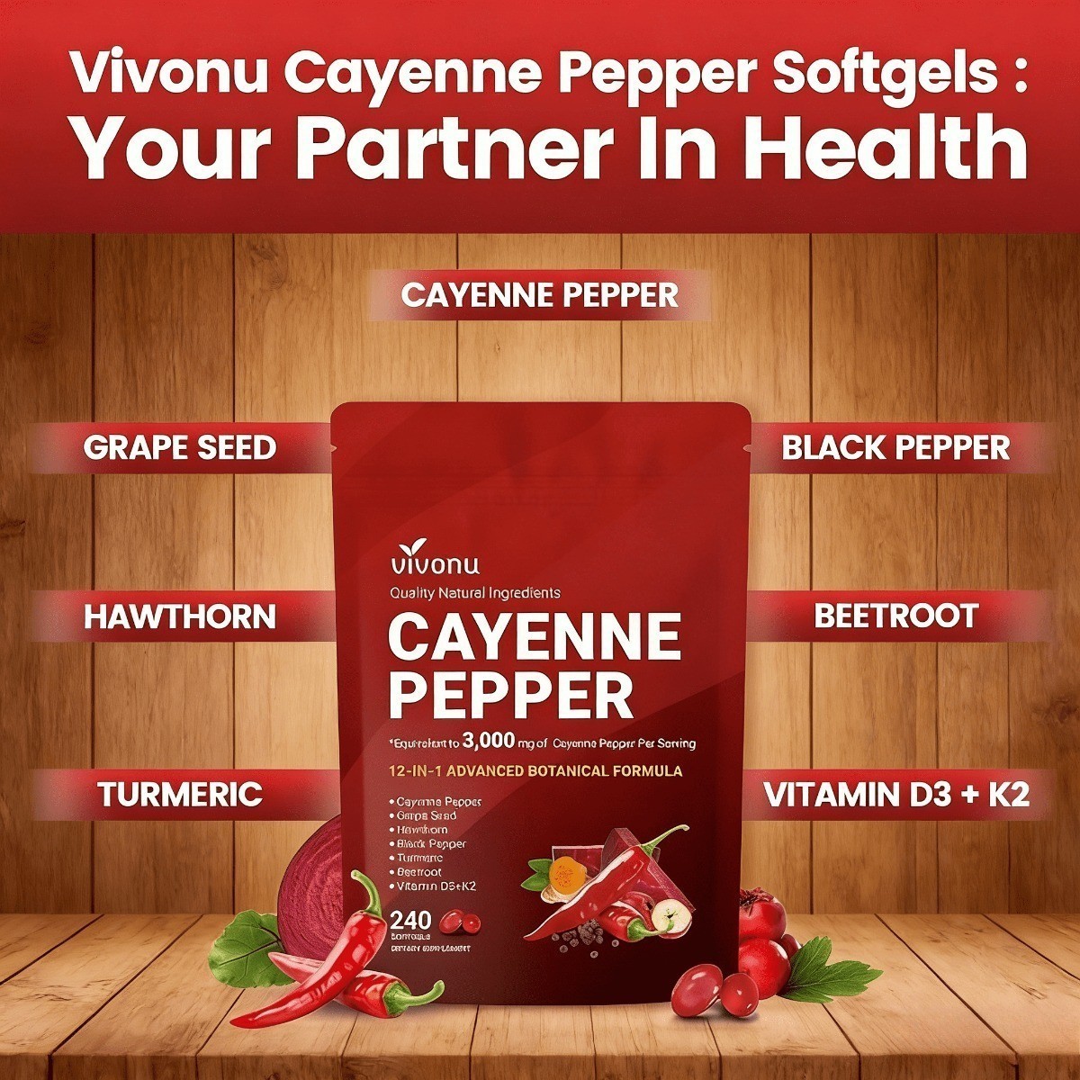 VIVONU Cayenne Pepper 240 Softgels, Heart & Vascular Health Supplement NEW