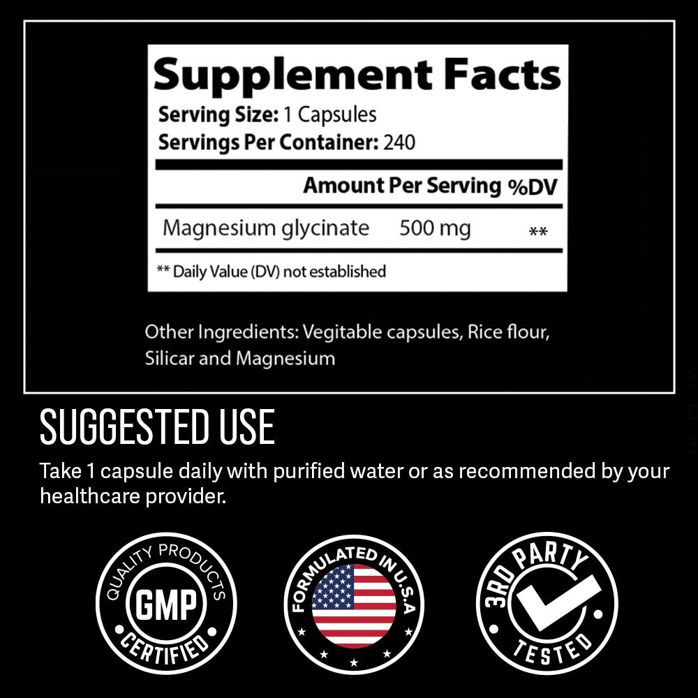 Magnesium Glycinate 500mg – 240 Capsules | 8-Month Supply | USA Formulated Premi