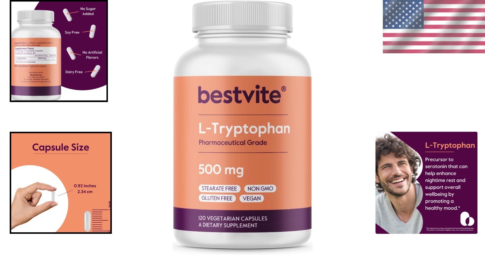120 Capsules of Non-GMO L-Tryptophan 500mg – , Gluten-Free Relaxation Aid