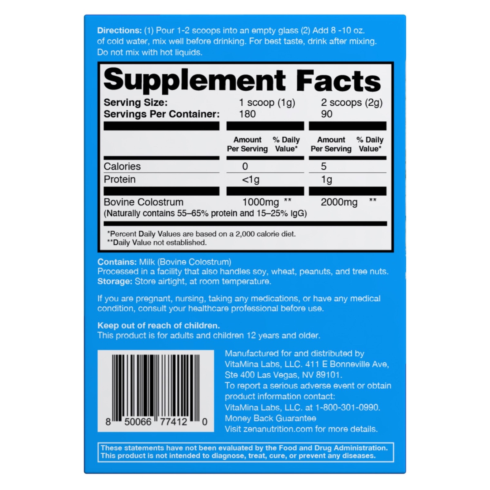 ZENA NUTRITION PURE COLOSTRUM 2000mg DIETARY SUPPLEMENT 90 SERVING EXP:02/2028