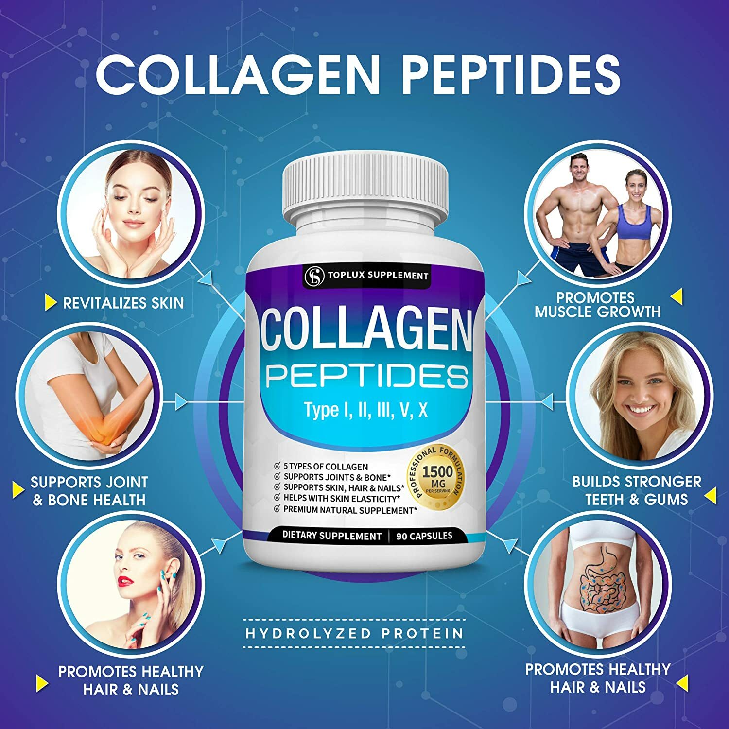 Premium Collagen Peptides 1500 MG Hydrolyzed Anti-Aging (Types I,II,III,V,X)