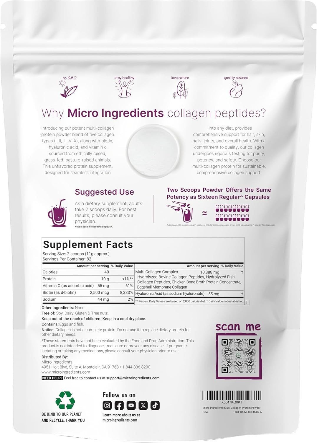 Micro Ingredients Multi Collagen – 2lb, 82 Servings + Biotin, HA, Vit C, Unflavo