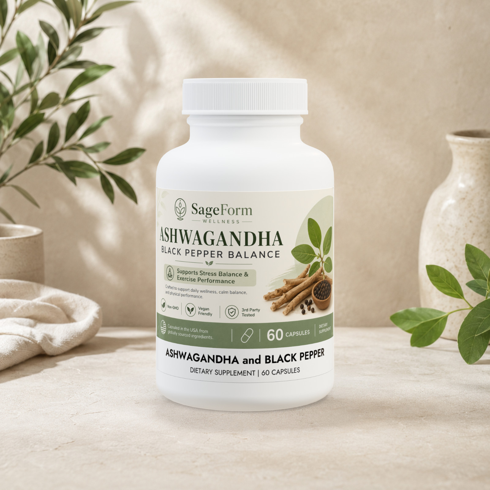 Ashwagandha Black Pepper Balance 60 Capsules Stress Support Vegan Non-GMO