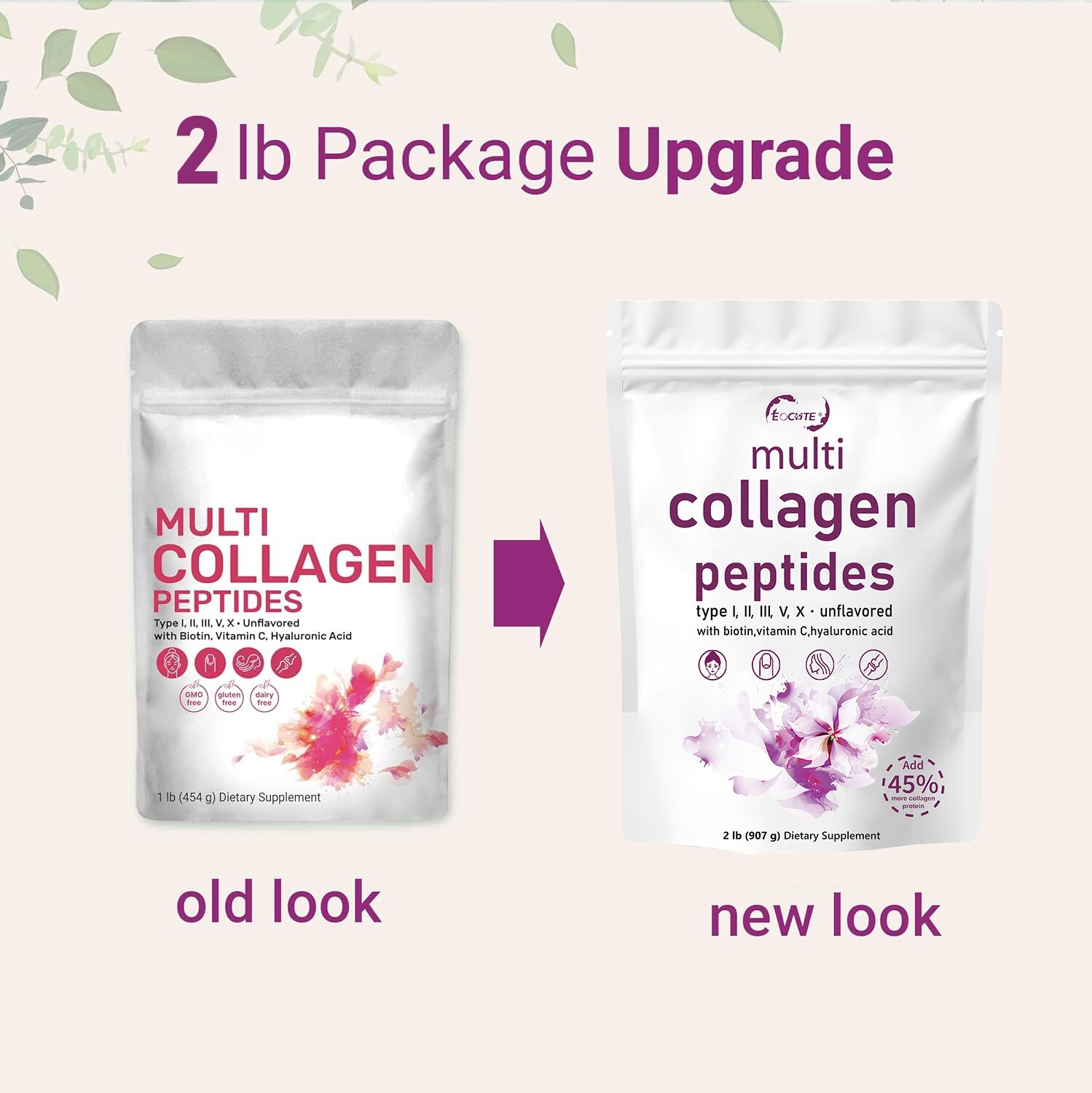 2LB Multi Collagen Peptides Powder–Hydrolyzed Protein with Type I, II, III, V, X