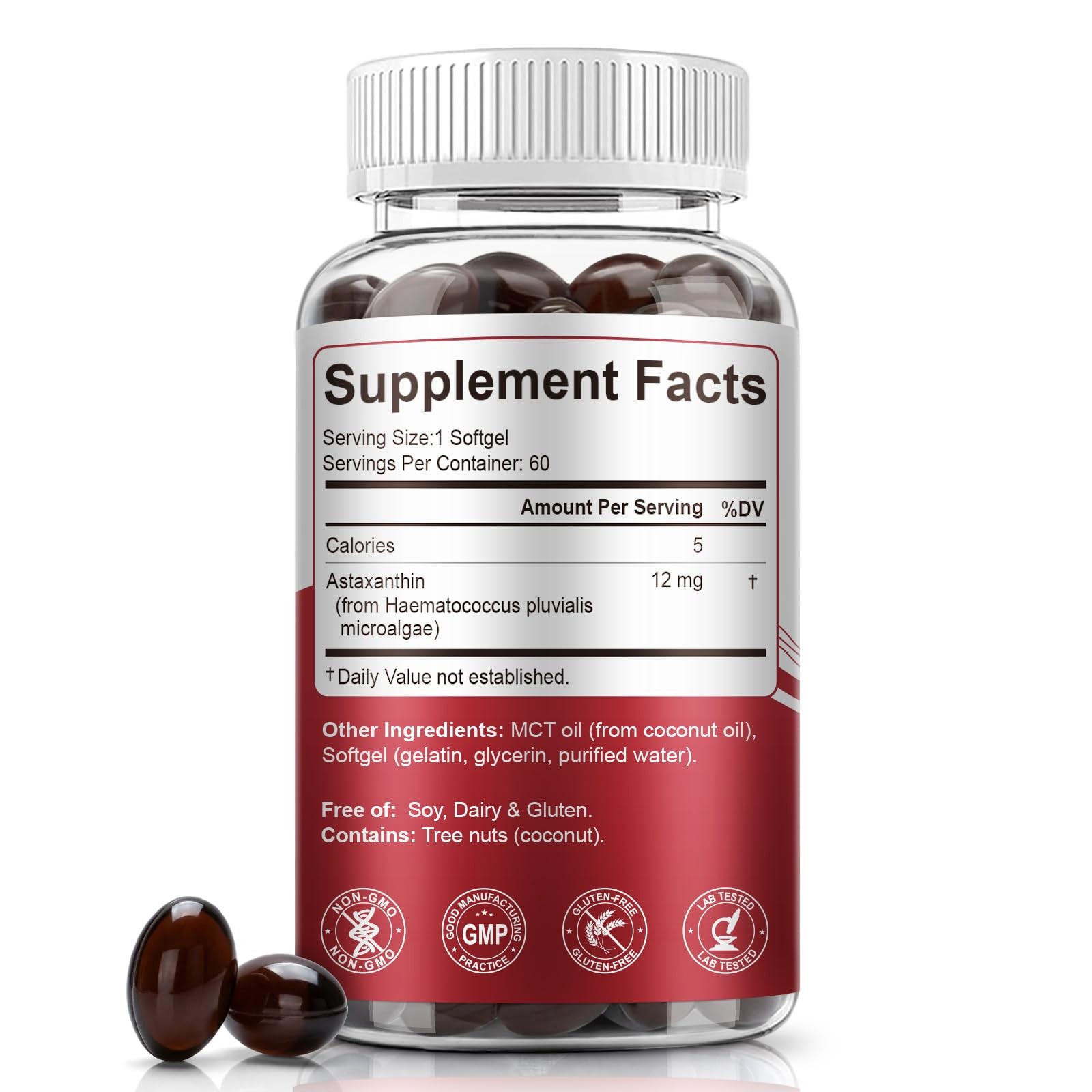 Astaxanthin 12mg with MCT Oil, 60/120 Softgels 60 Count (Pack of 1)