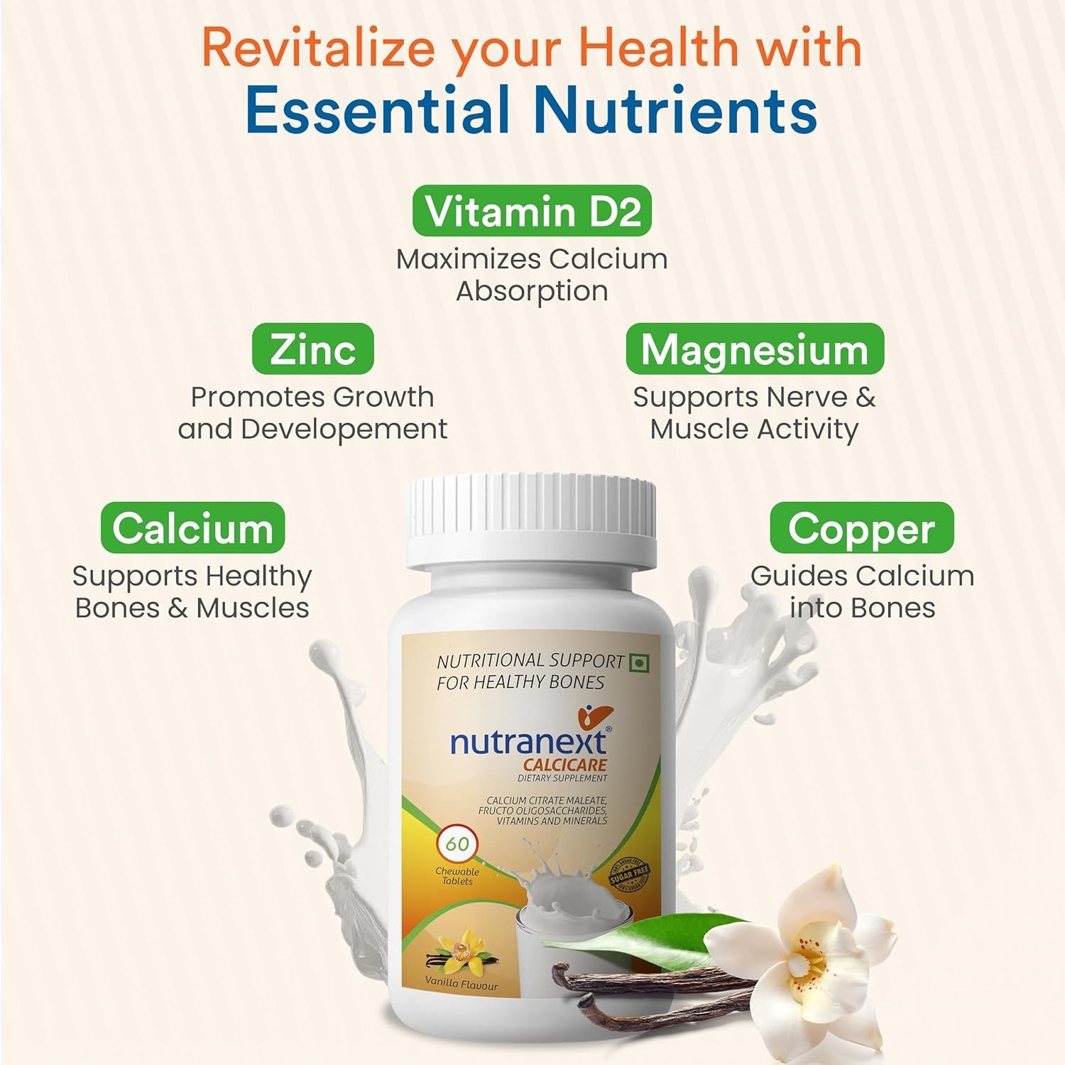 3 Pack Nutra.next Calcicare Calcium 180 Vanilla Tabs