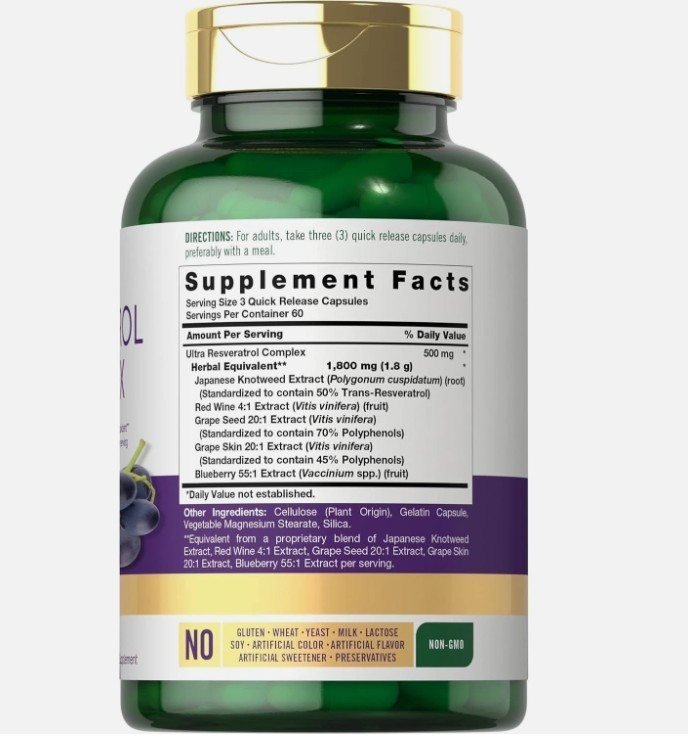 Resveratrol Supplement 1800mg | 180 Capsules | Non-GMO, Gluten Free | by Carlyle