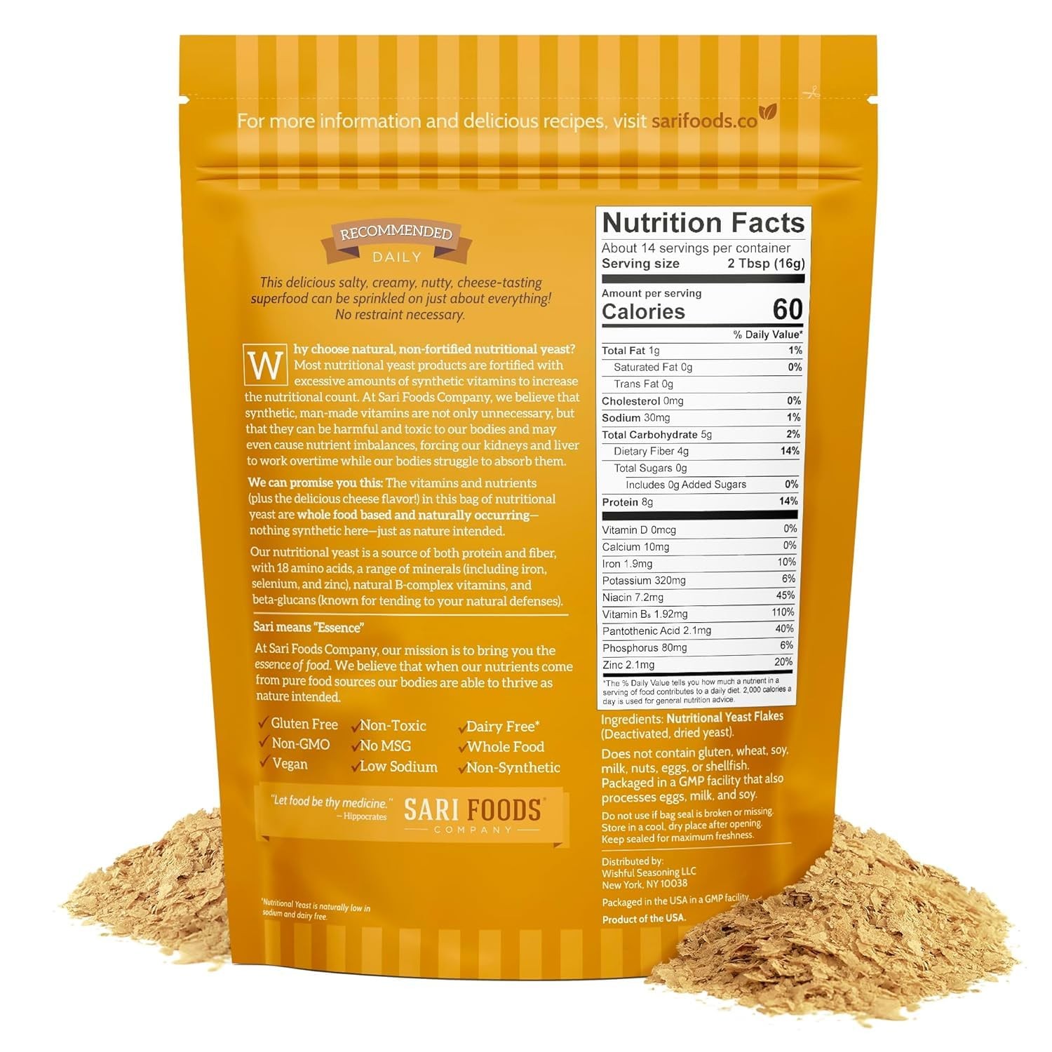Sari Foods Non-Fortified Nutritional Yeast 8 Ounce (Pack of 1), Original