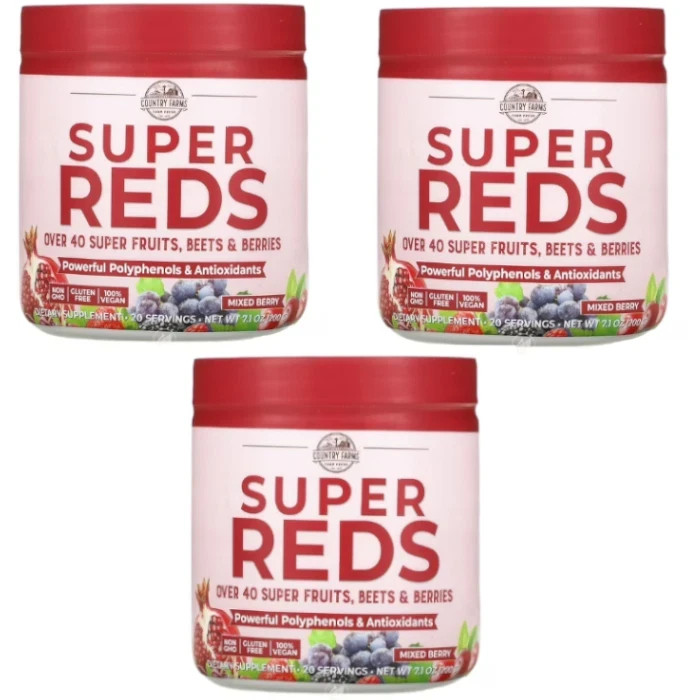 Country Farms Super Reds Antioxidant Powder Mixed Berry 7.1 oz 3 Pack 60 Srv