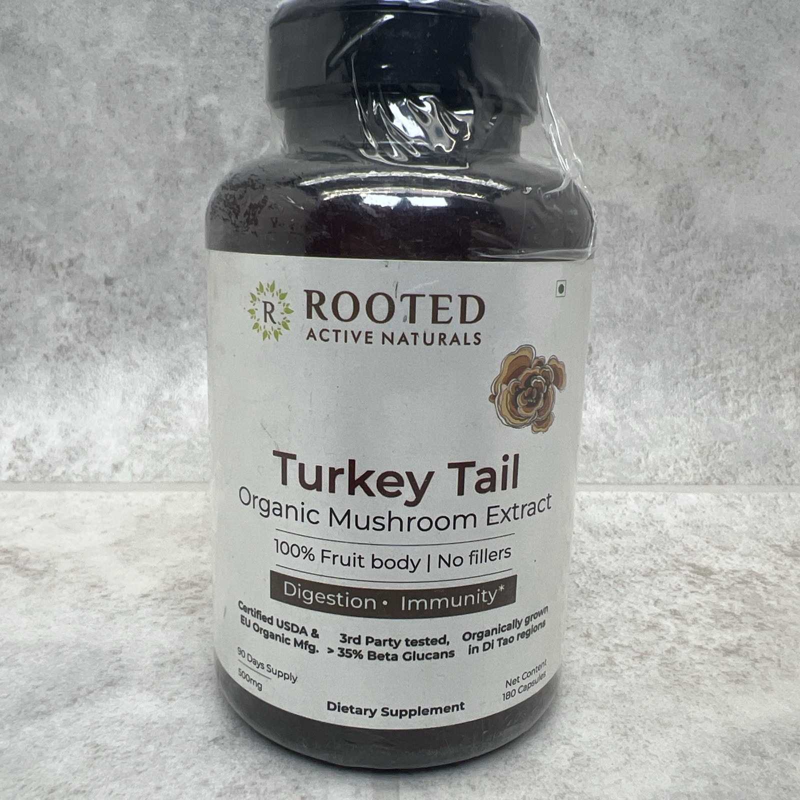 Rooted Turkey Tail Organic Mushroom Extract-180 Capsules- 500mg- 12/2025- 90 Day