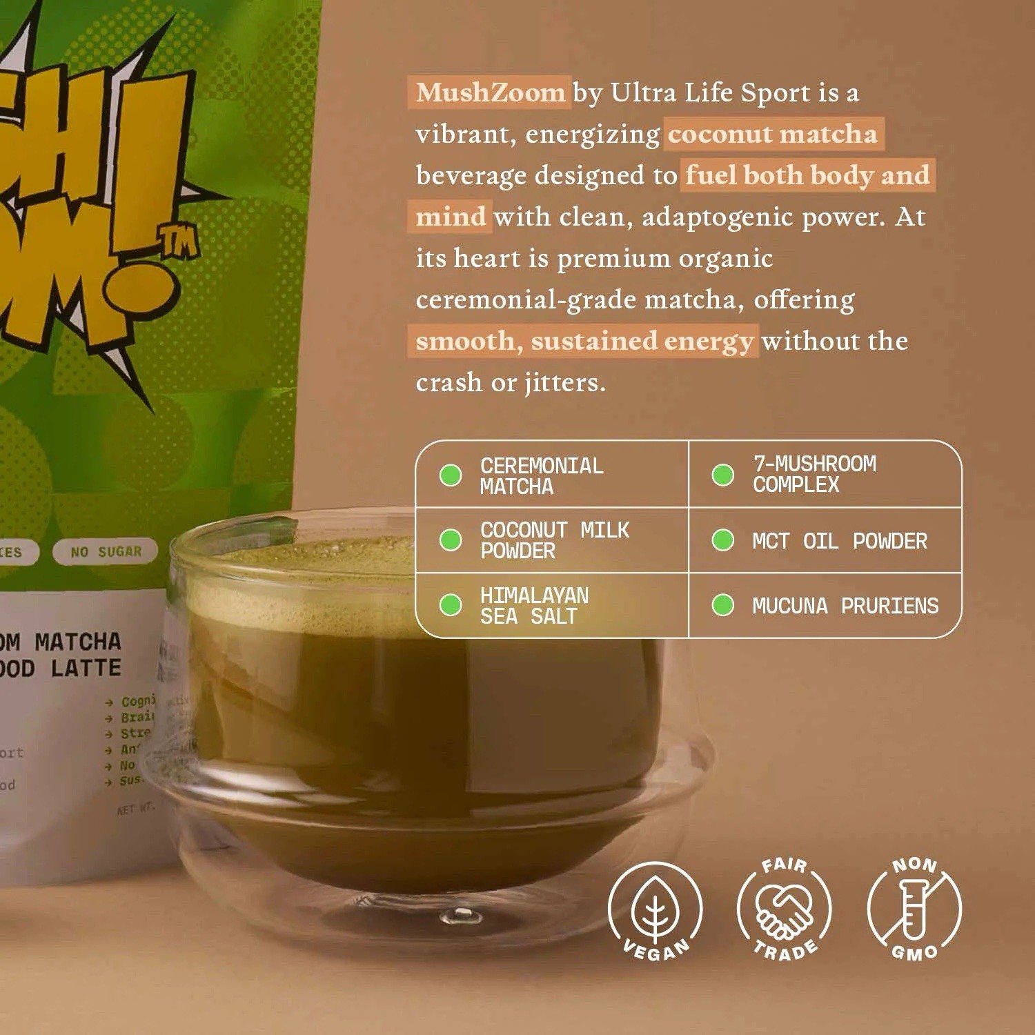 Mush Zoom Energizing Coconut Matcha Focus & Vitality Blend -30 Servings, Organic