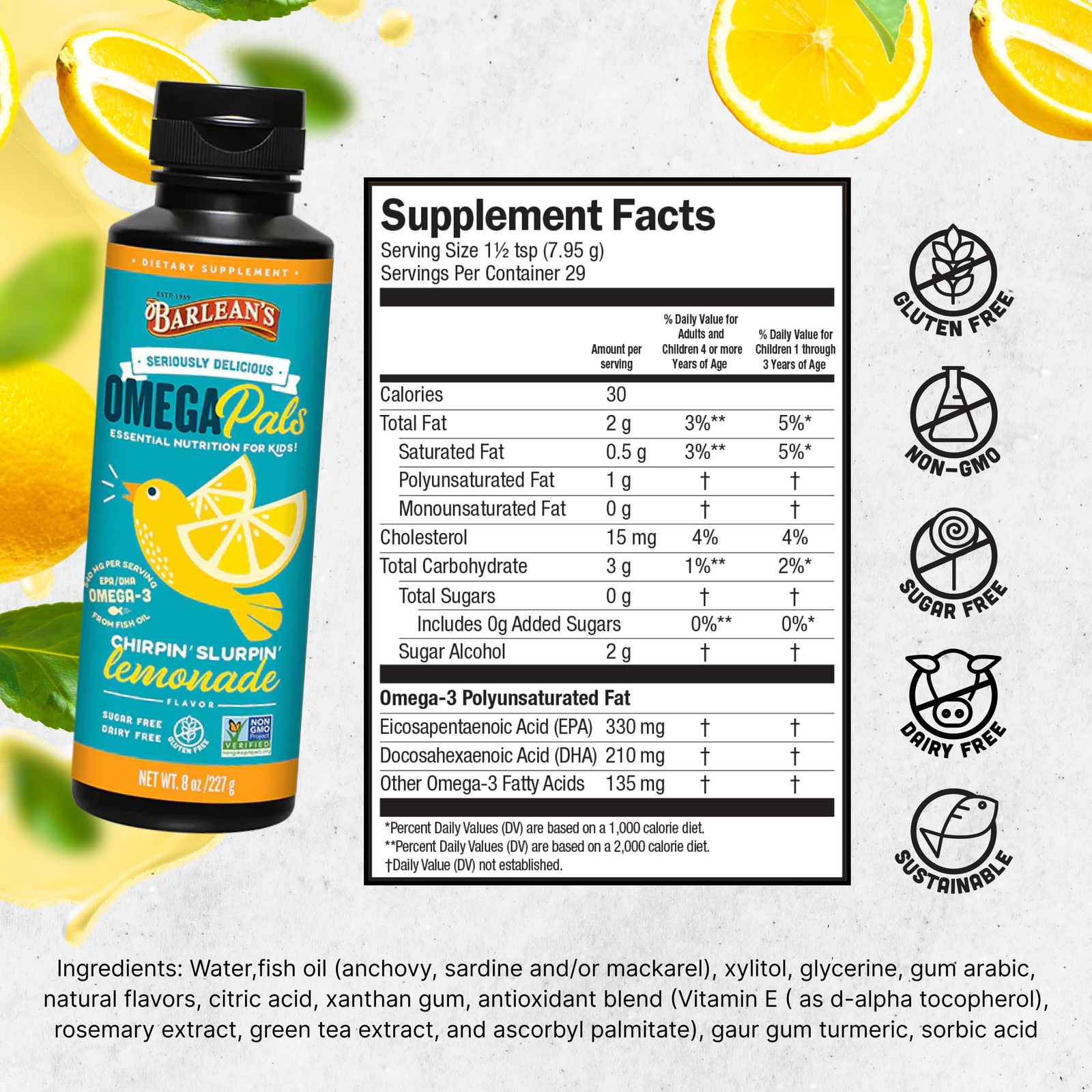 Barlean’s Omega Pals Chirpin’ Slurpin’ Lemonade Flavored 8 Ounce (Pack of 1)