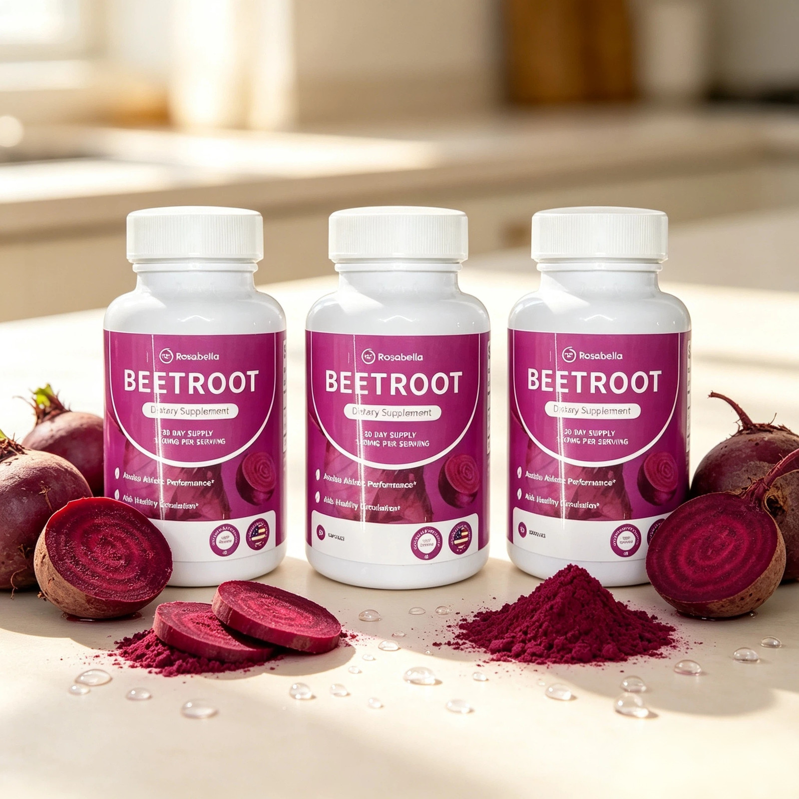 3pcs Rosabella Organic Beet Root 60 Capsules Natural Energy Boost Blood Pressure