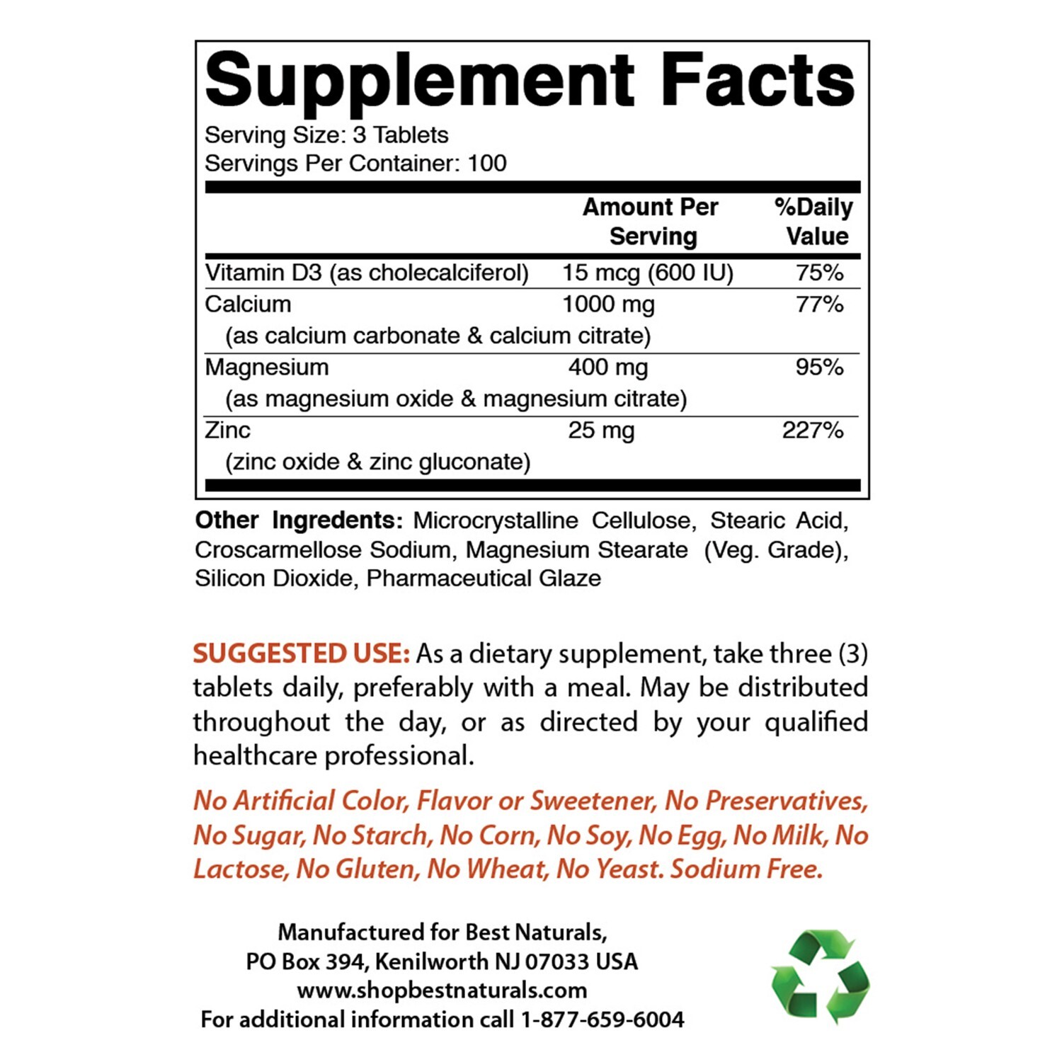 Best Naturals Calcium Magnesium Zinc with Vitamin D3, 300 Tablets