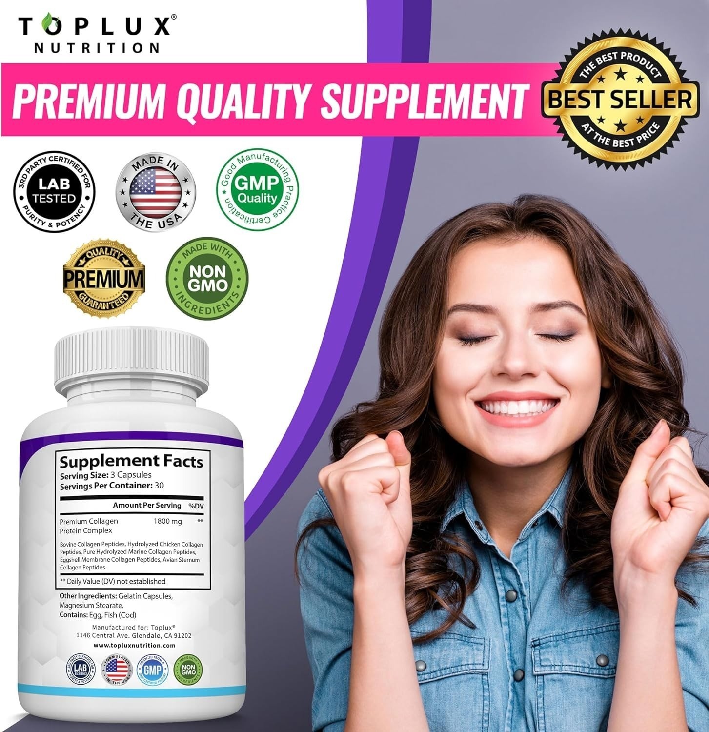 Toplux Multi Collagen Peptides Pills 1800 Mg Complex-Hydrolyzed Protein
