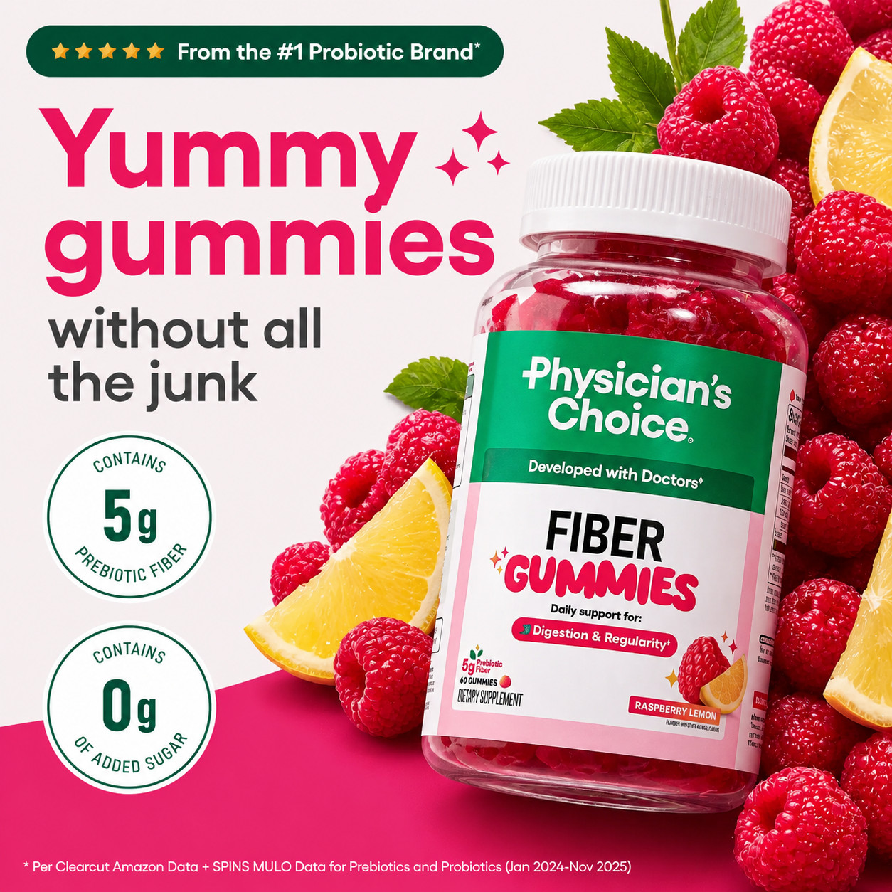 Physician’s Choice Prebiotic Fiber Gummies 5g Zero Sugar Vegan Gut Regularity