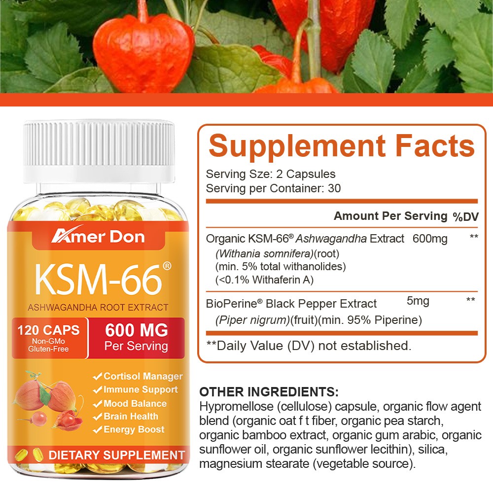 Amer Don KSM-66 Ashwagandha Root Extract 600mg, 60 Vegetarian Caps