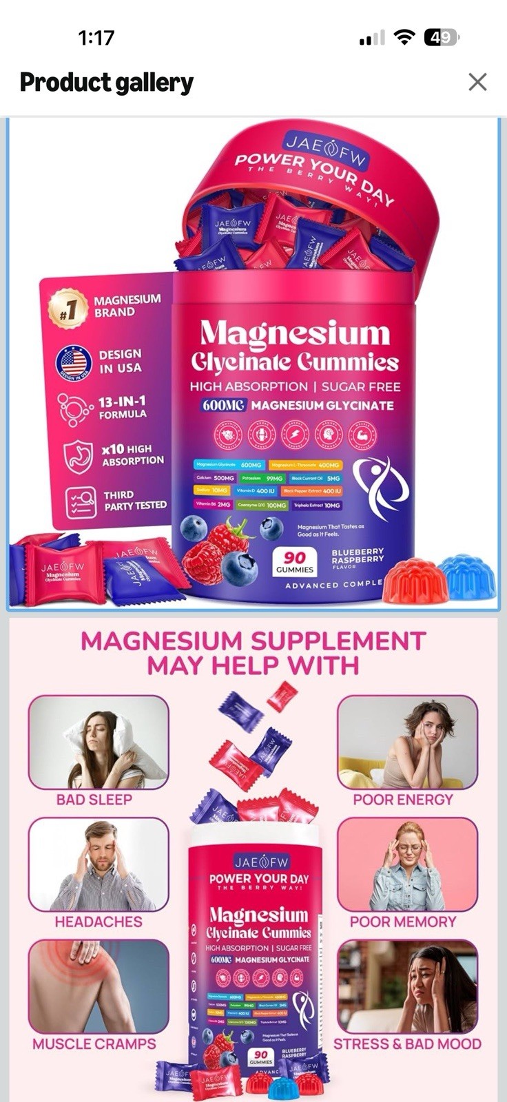 JAEFW Magnesium Glycinate Gummies 600mg Sugar-Free Vegan Blueberry Raspberry 90