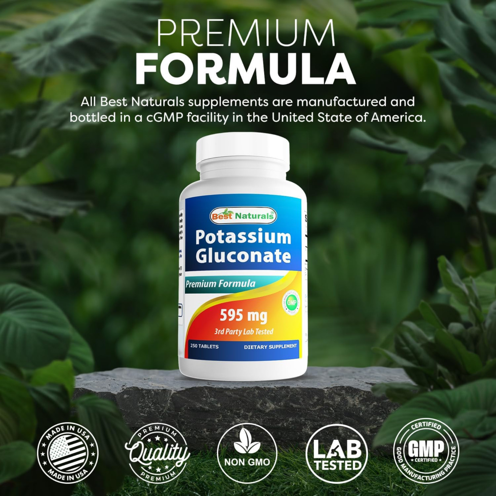 Best Naturals Potassium Gluconate 595mg 250 Tablets Non-GMO Gluten Free USA Made