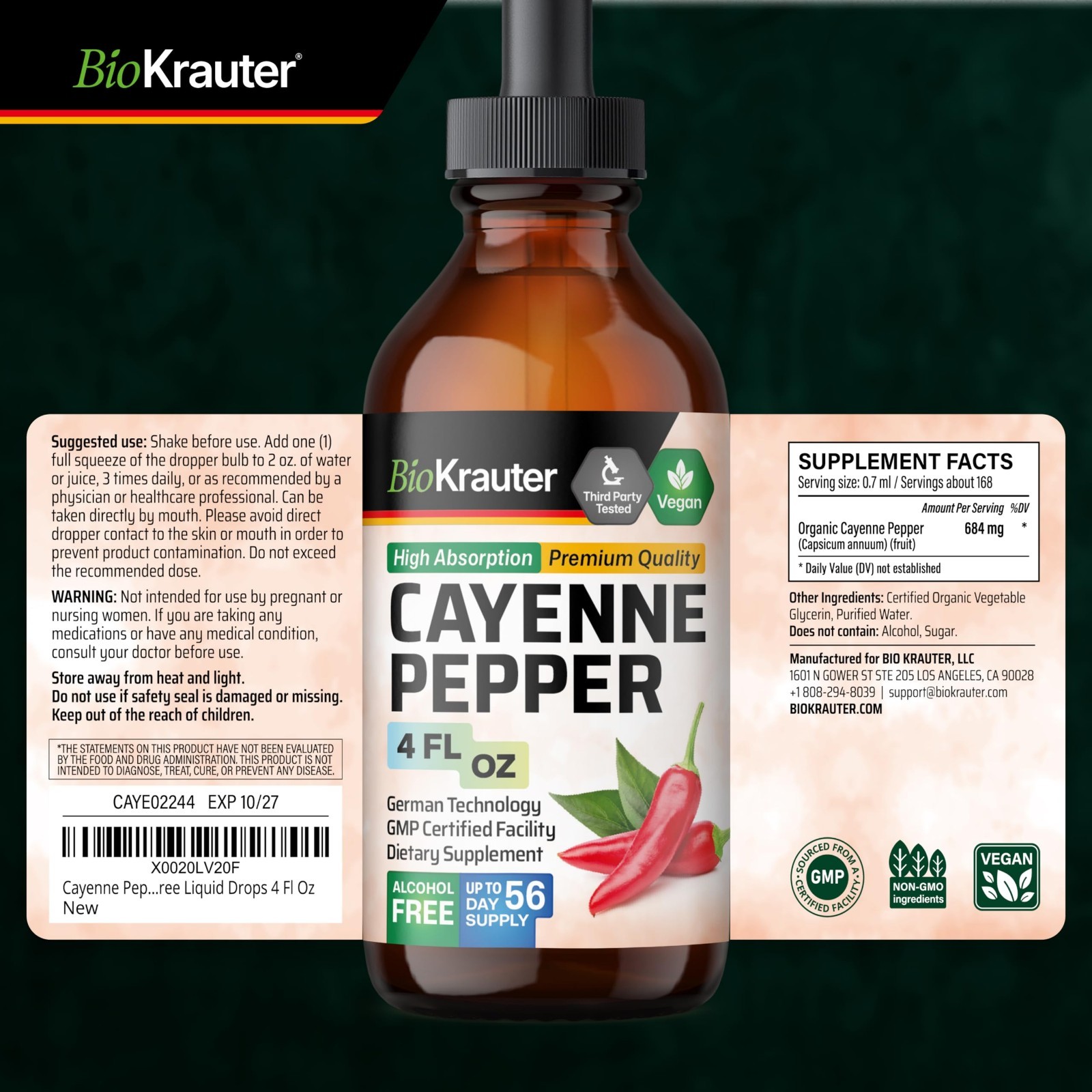 Cayenne Pepper Drops for Digestive & Circulatory Support – Vegan Capsaicin 4 Fl