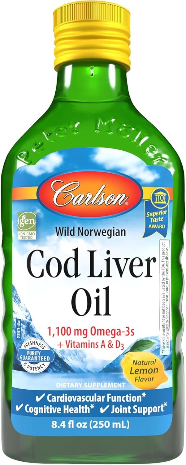 Lemon-Flavored Cod Liver Oil – 250ml, 1100 mg Omega-3s for Heart & Brain Health