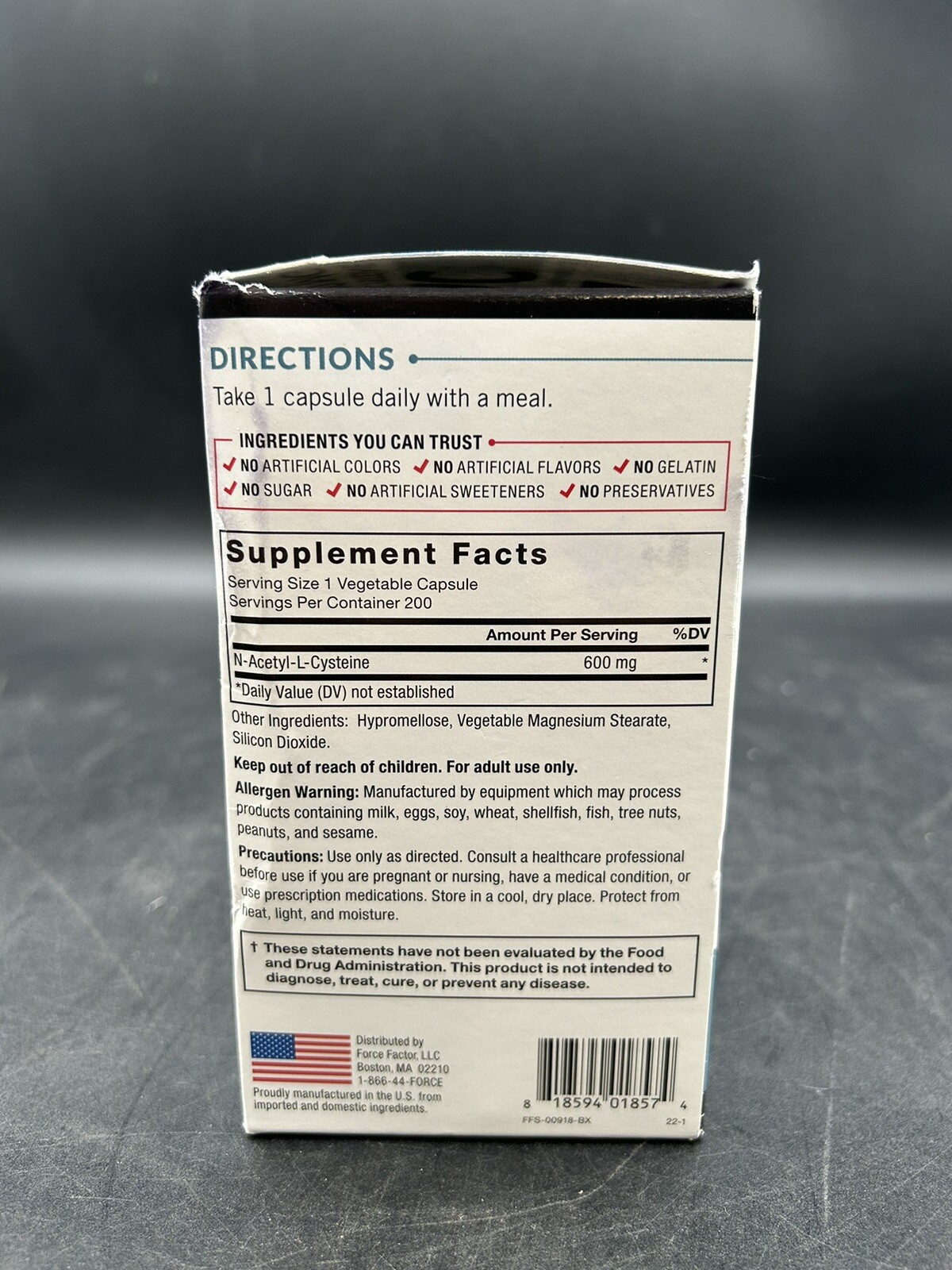 Force Factor N-Acetyl-L-Cysteine (NAC) 600 mg Cellular Health 200 Veg Capsules