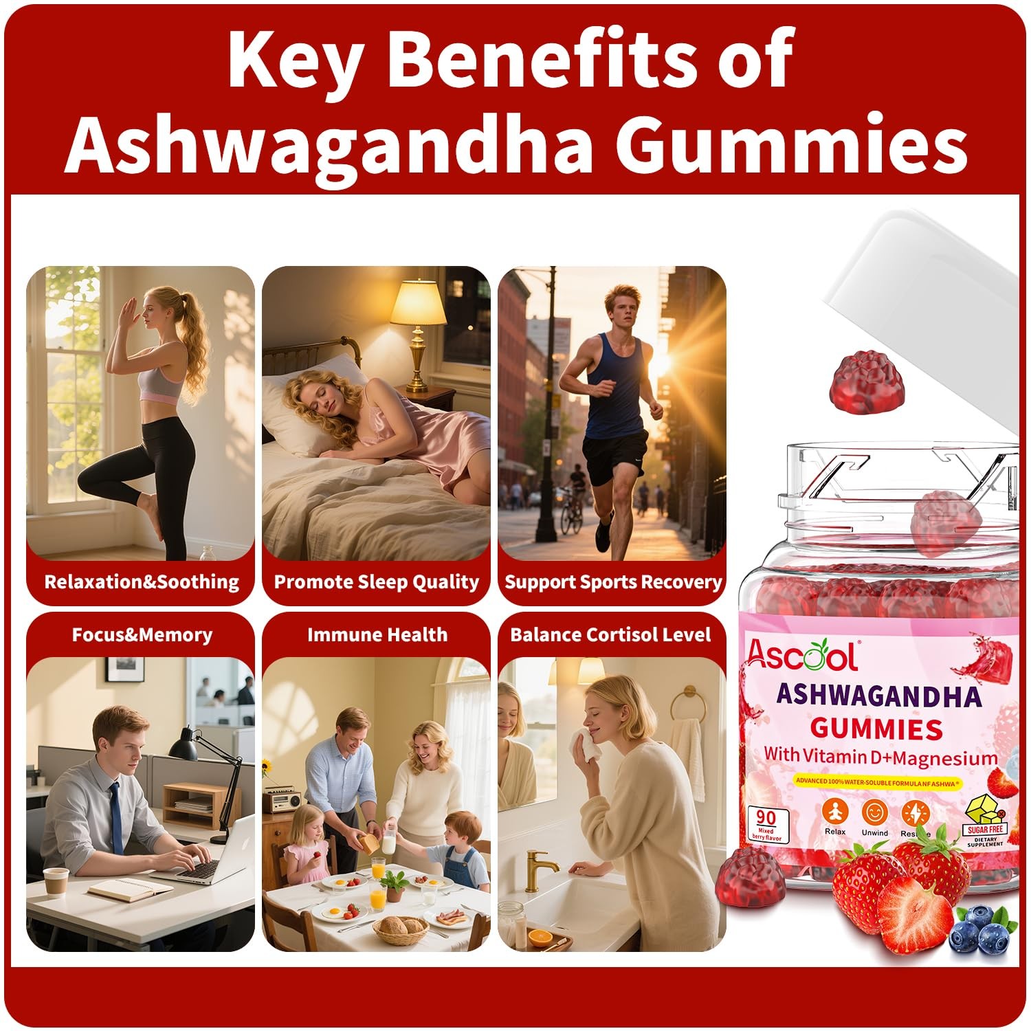 Ascool Ashwagandha Gummies for Stress Support & 90 Count (Pack of 1)