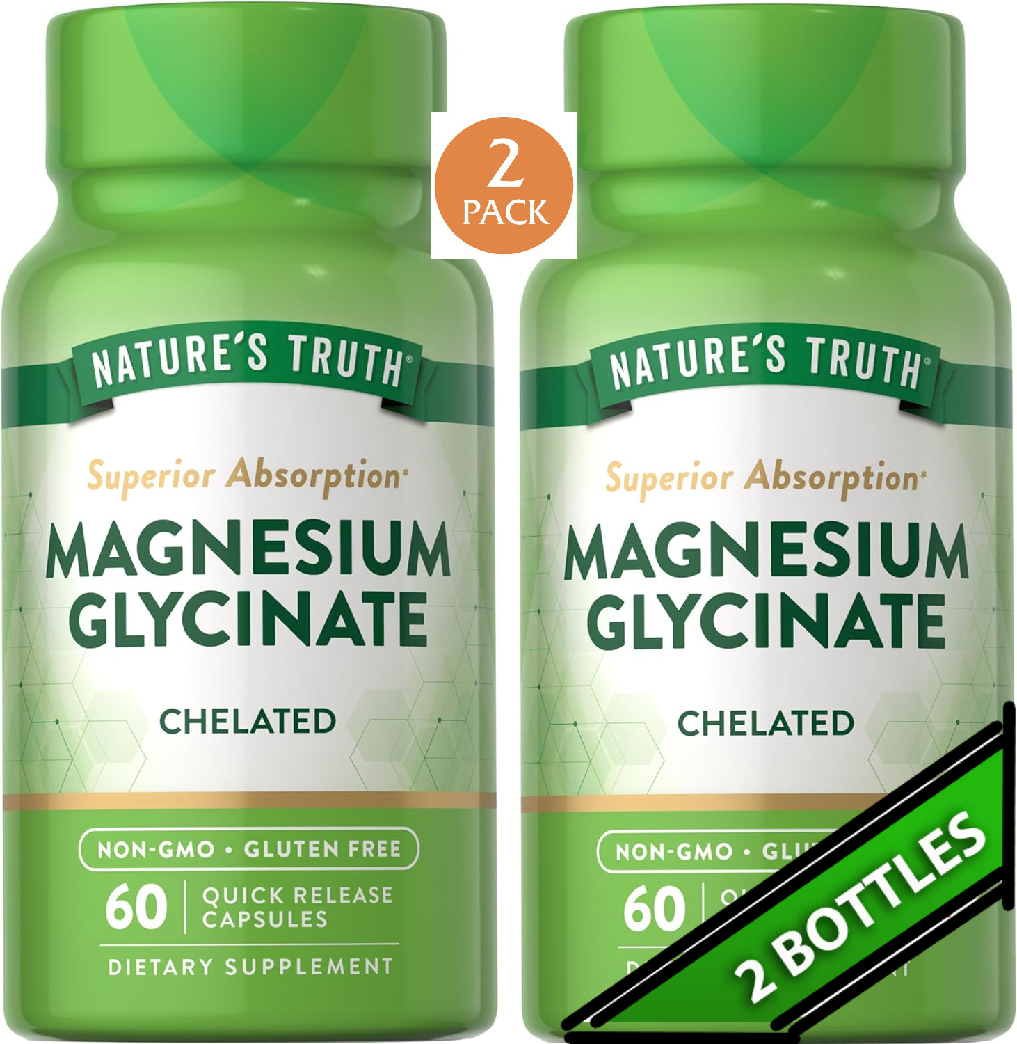 2 Pack Magnesium Glycinate 200mg 120 Caps (2×60) Sleep, Cramping, Blood Pressure