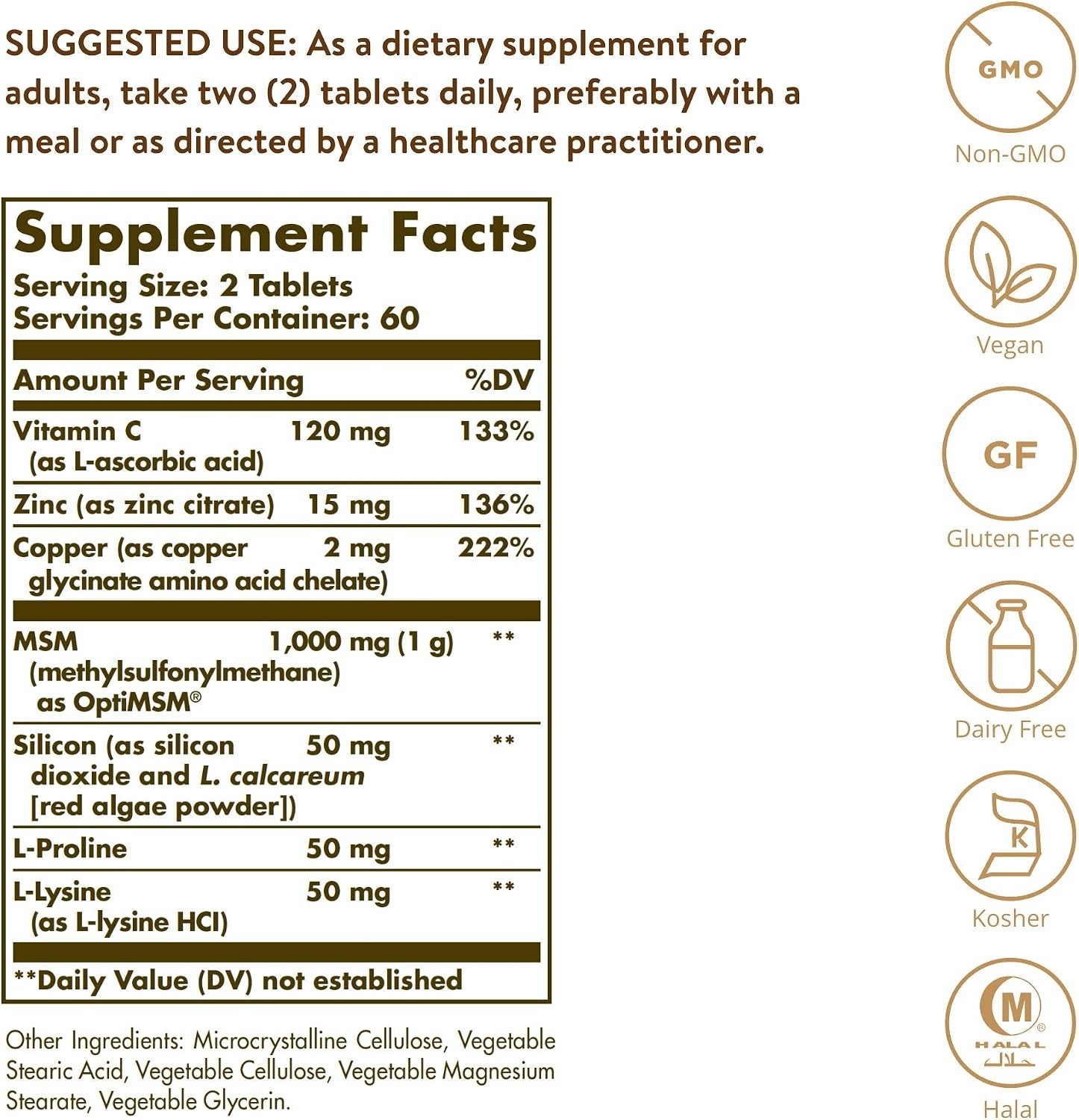 Solgar Skin, Nails and Hair Advanced MSM Formula Tablets – 120 Count EXP 12/2027