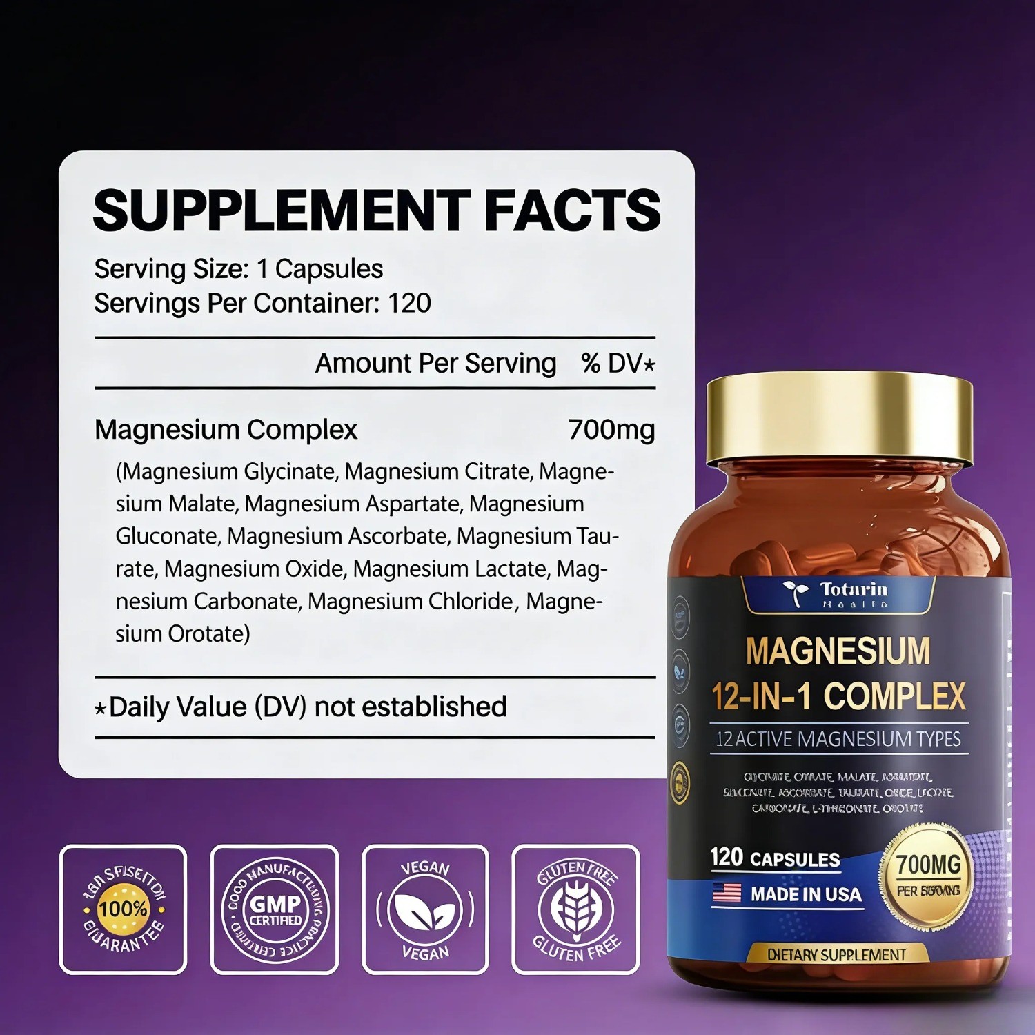 1/2/3-bottle Totaria Magnesium 12-in-1 Complex 700mg Daily Mineral Nutrient