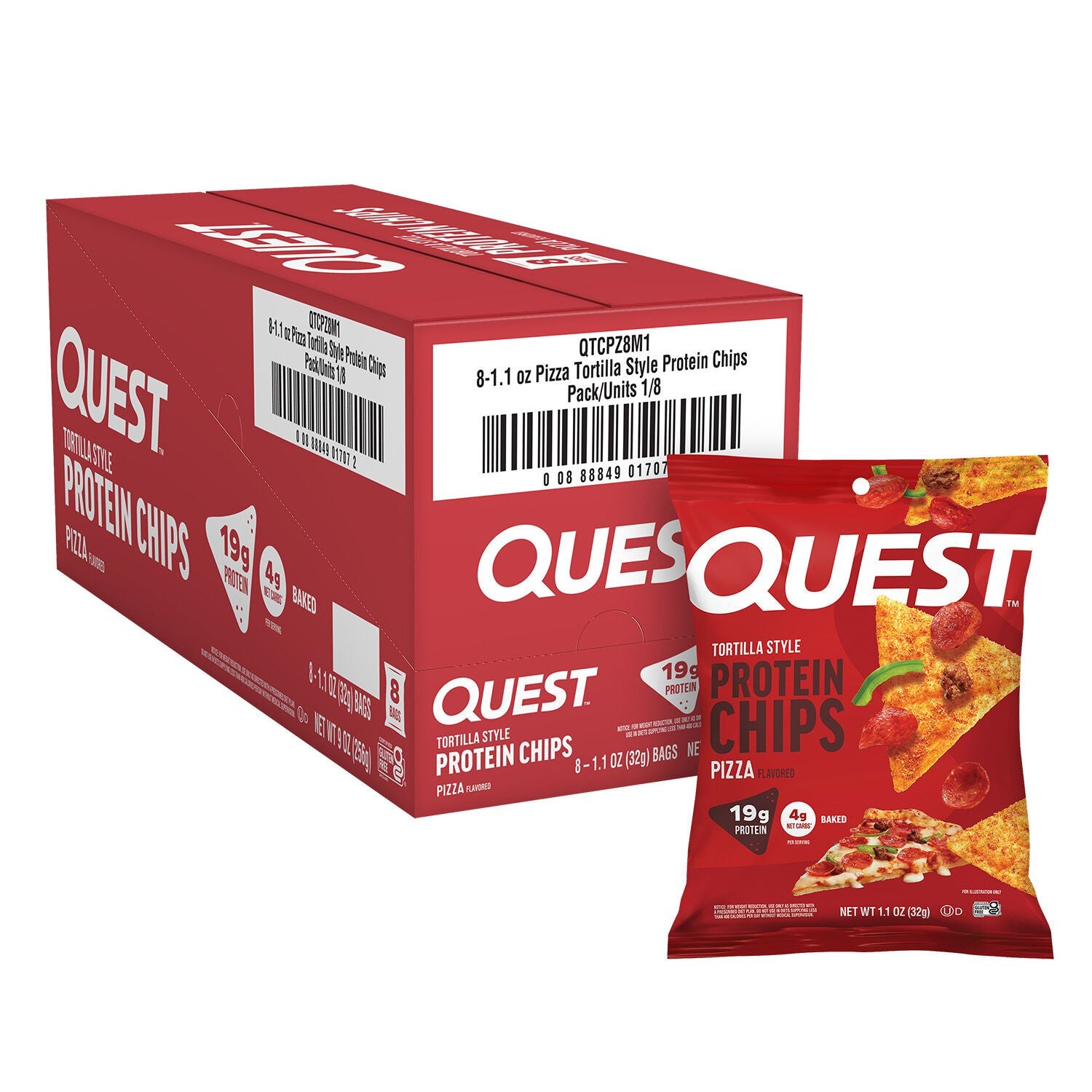 Quest Tortilla Style Protein Chips Delicious Pizza Flavor 8 Bags 32g ea NEW