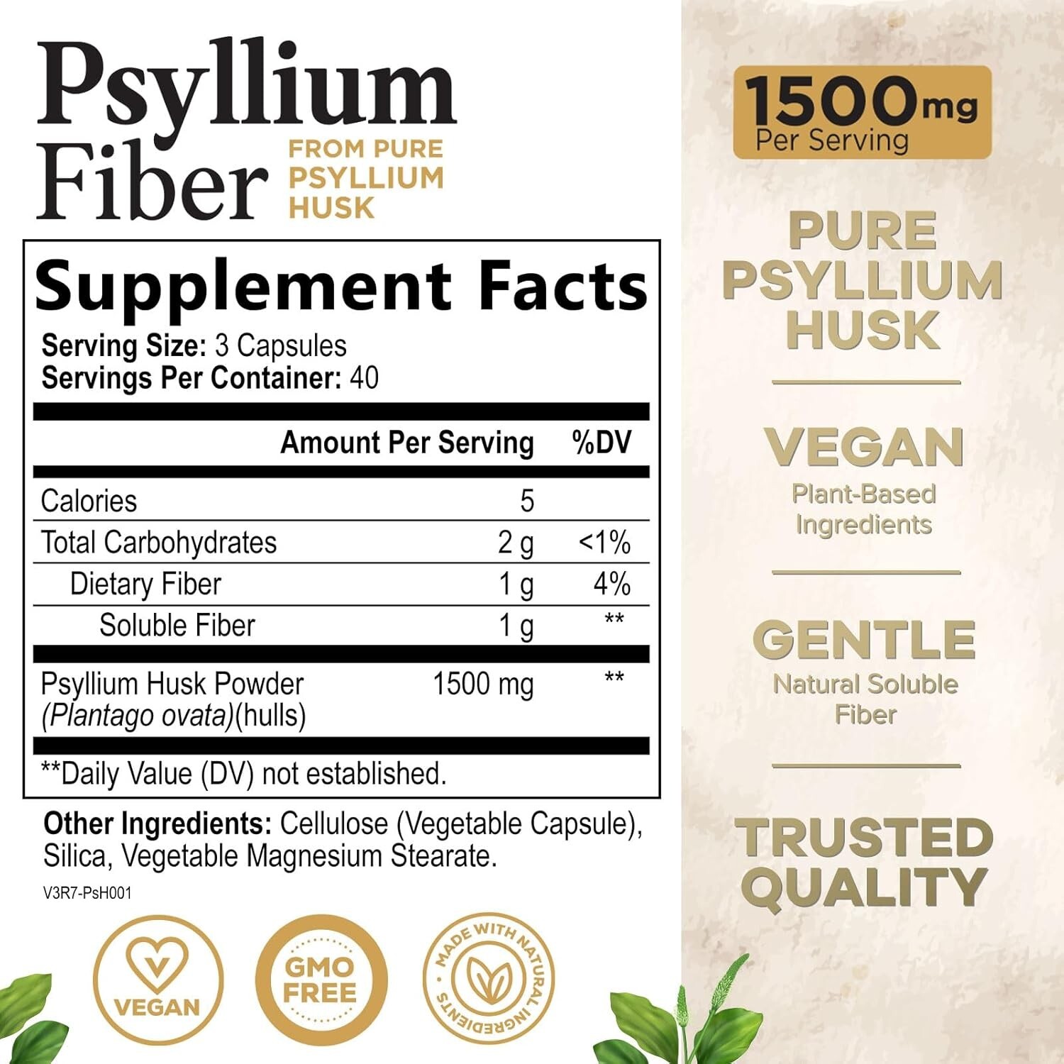 High Absorption Psyllium Husk Capsules 1500mg Daily Fiber Supplement, Psyllium