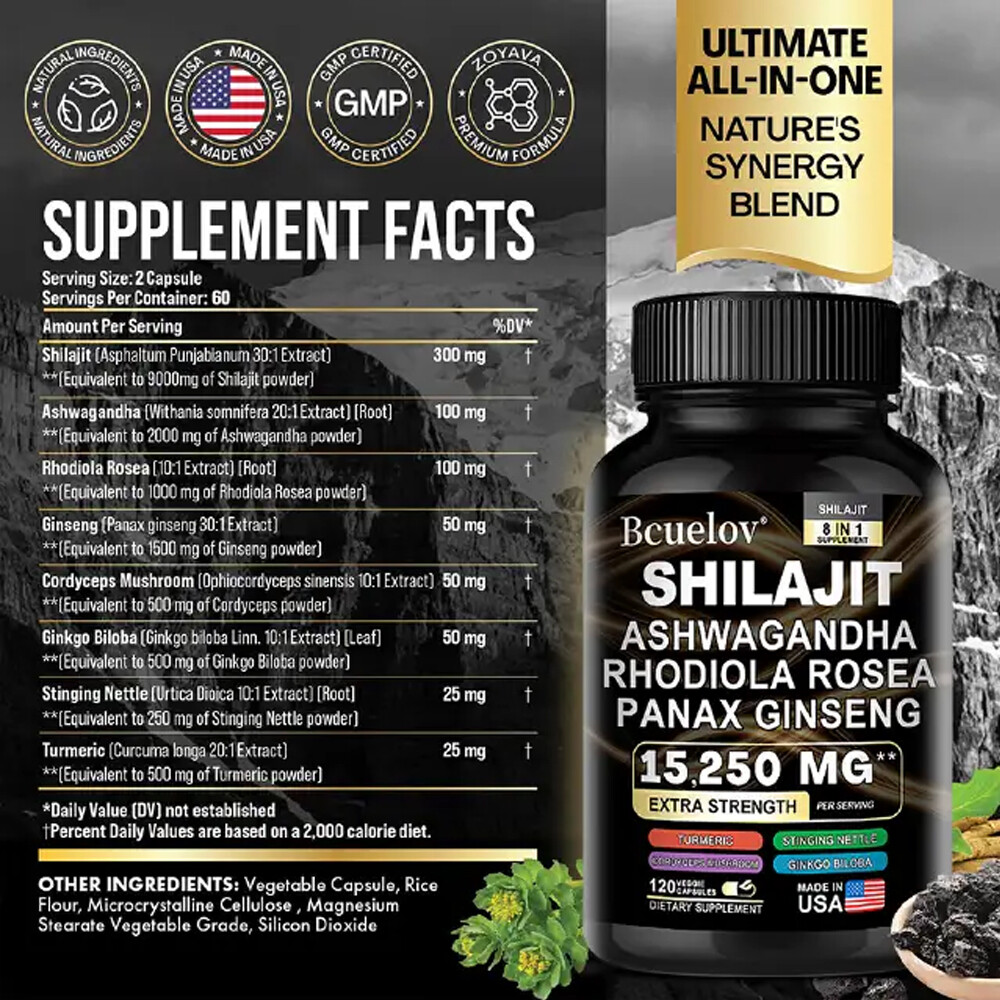 Shilajit Pure Himalayan 9000MG Energy Booster Ashwagandha 2000MG 30/60/120 Caps