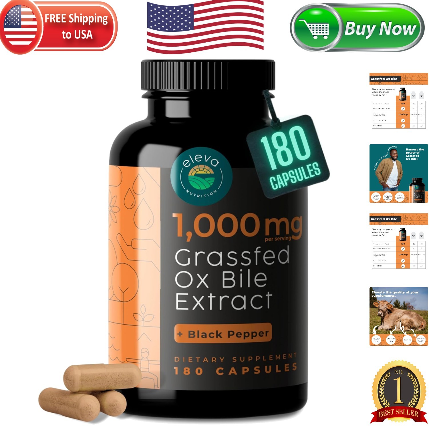 Digestive Health Boosting Ox Bile Extract 1000mg – 180 Capsules, Keto Friendly