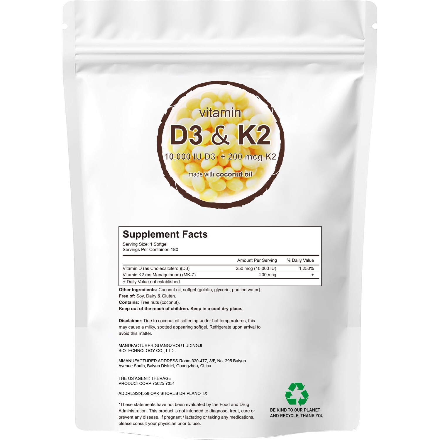 Vitamin D3 10000 iu Plus K2 (MK-7) 200 mcg, 180 primary coconut oil soft capsule