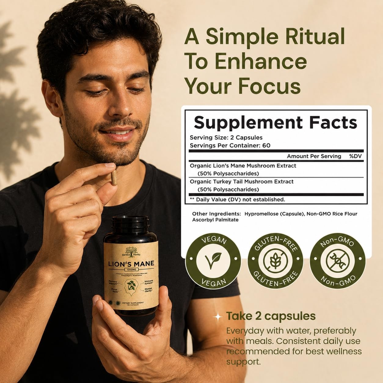 Lion’s Mane Mushroom Supplement Capsules with Turkey Tail for Memory & Focus …