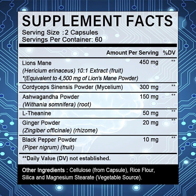 Organic Lion’s Mane Mushroom Supplement (450 mg) – 30/60/120 Capsules