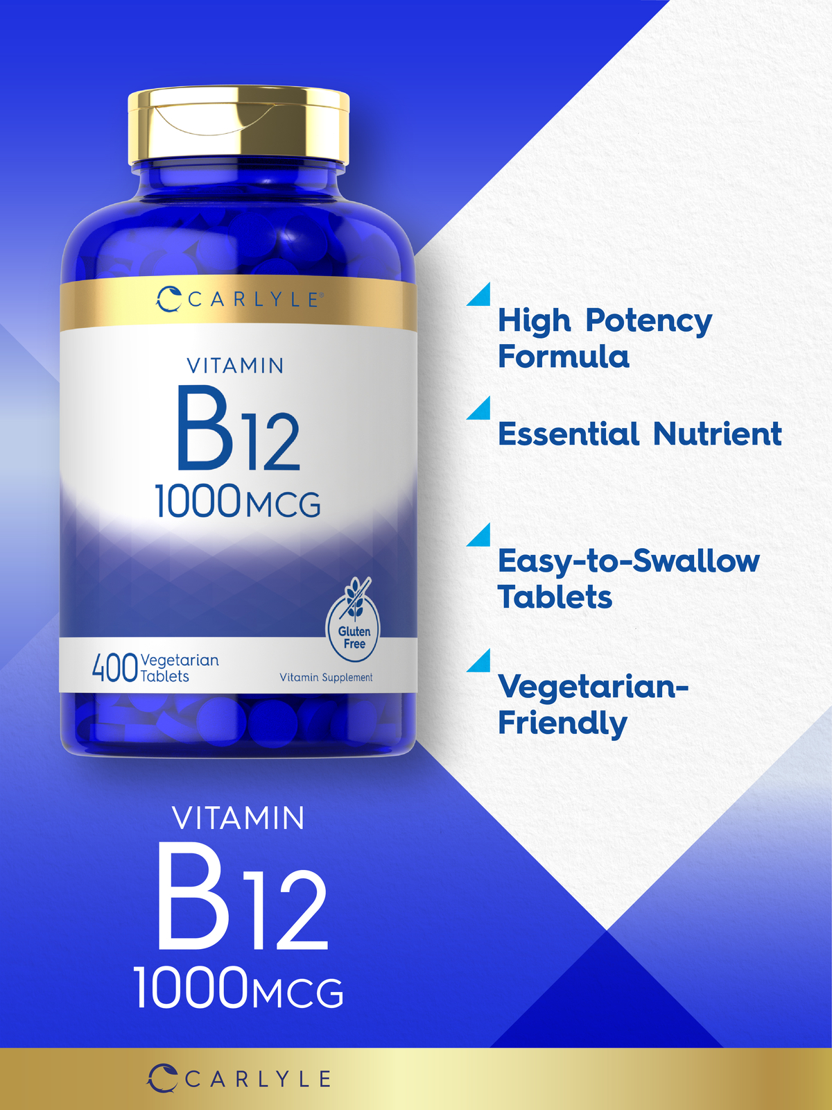 Vitamin B12 1000 mcg | 400 Tablets | Vegetarian, Non-GMO | by Carlyle