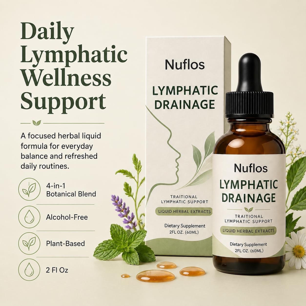 FQMUEV Nuflos Lymphatic Drainage Drops, 2 Fl Oz (Pack of 1) 4-in-1 Herbal Blend