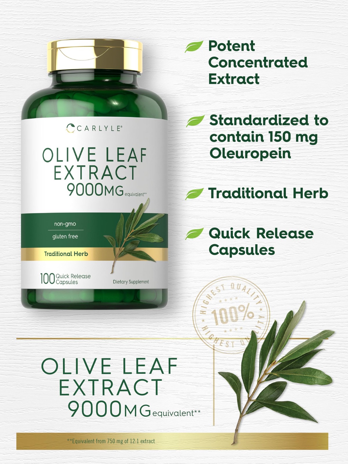 Carlyle Olive Leaf Extract 750 mg | 100 Capsules | with 100 Count (Pack of 1)