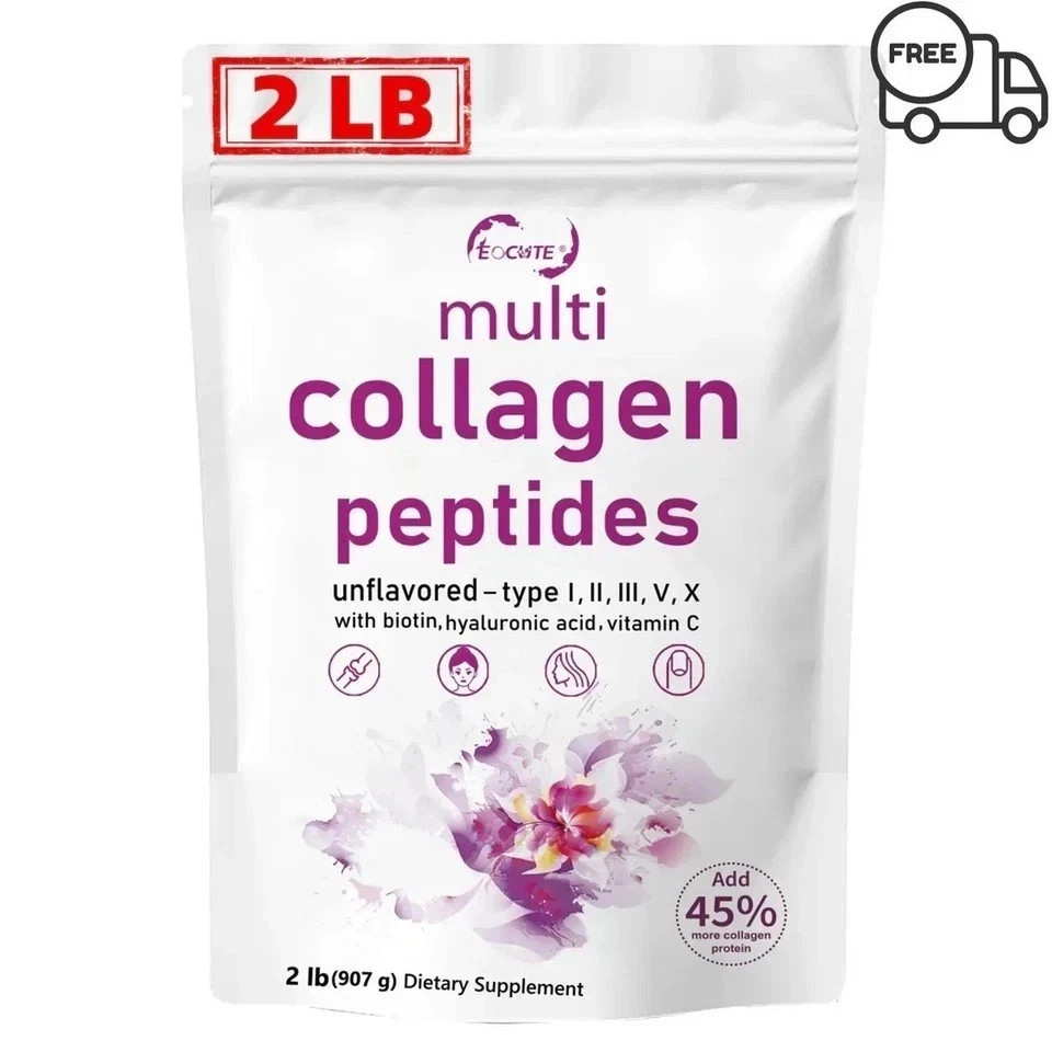 1LB Multi Collagen Peptides Powder–Hydrolyzed Protein with Type I, II, III, V, X