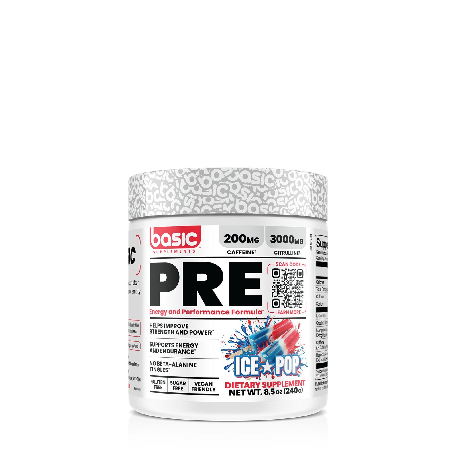 Basic Supplements Pre-Workout Ice Pop Flavor Strength Power Performance 240g NEW